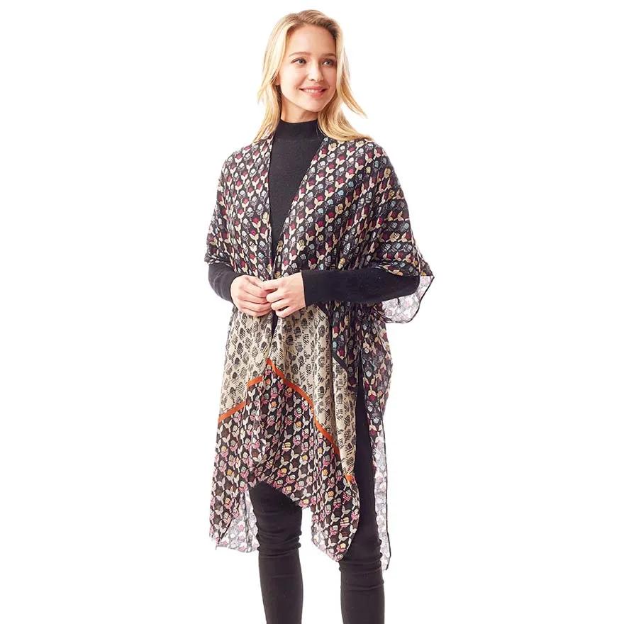 Geometric Border Printed Gold Foil Accented Ruana Poncho