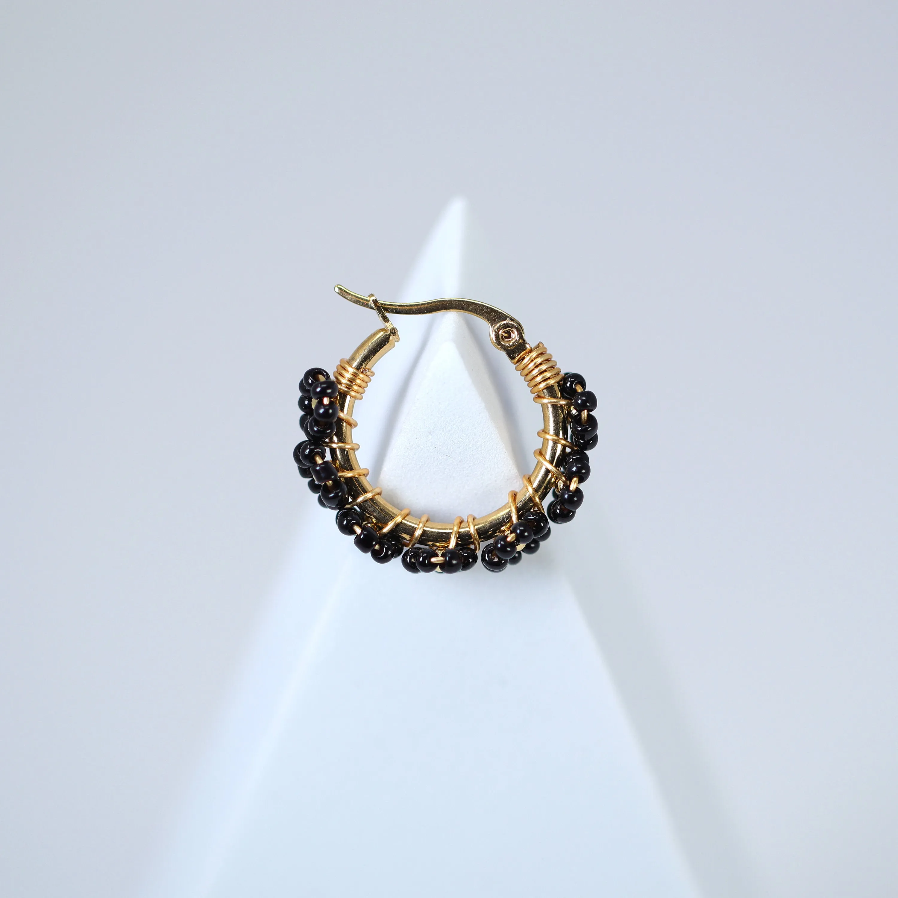 Gold Black Beaded Hoop Earrings, Wedding Guest Statement Earrings.