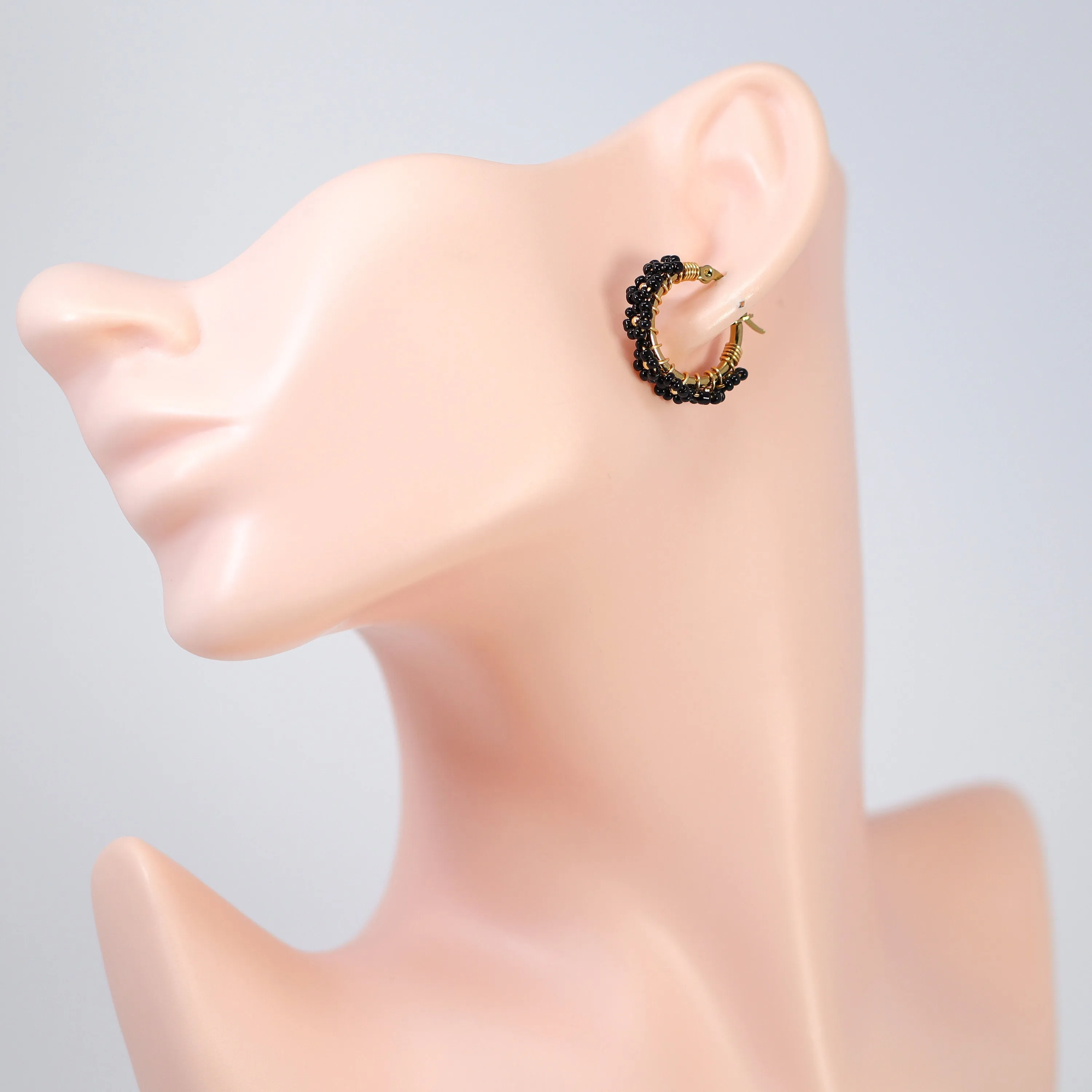 Gold Black Beaded Hoop Earrings, Wedding Guest Statement Earrings.