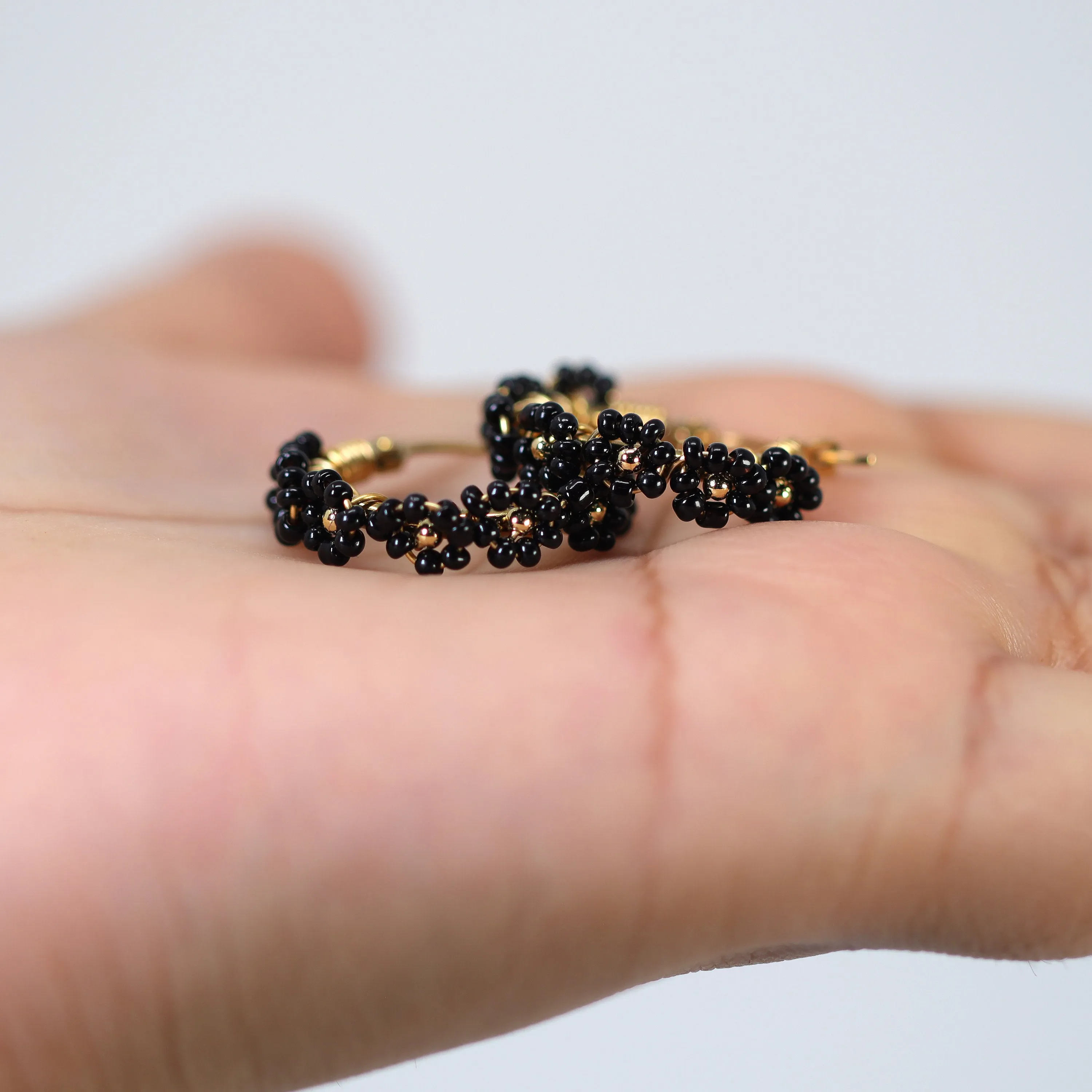 Gold Black Beaded Hoop Earrings, Wedding Guest Statement Earrings.