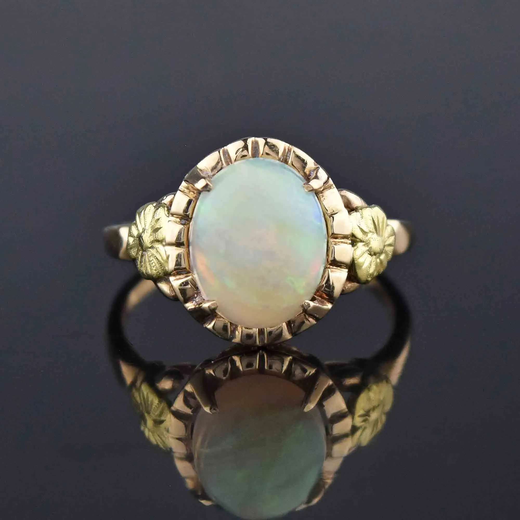 Gold Forget Me Not Flower Opal Cabochon Solitaire Ring