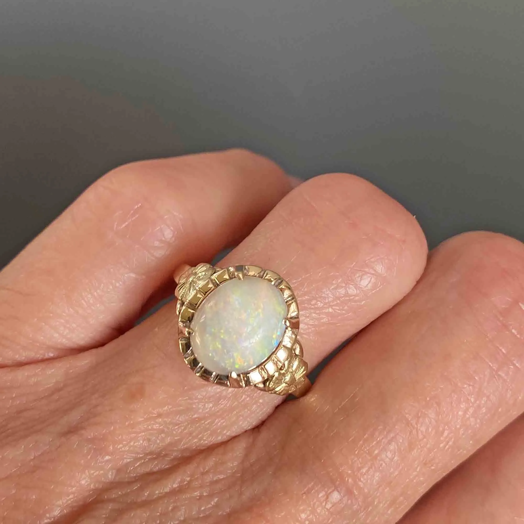 Gold Forget Me Not Flower Opal Cabochon Solitaire Ring