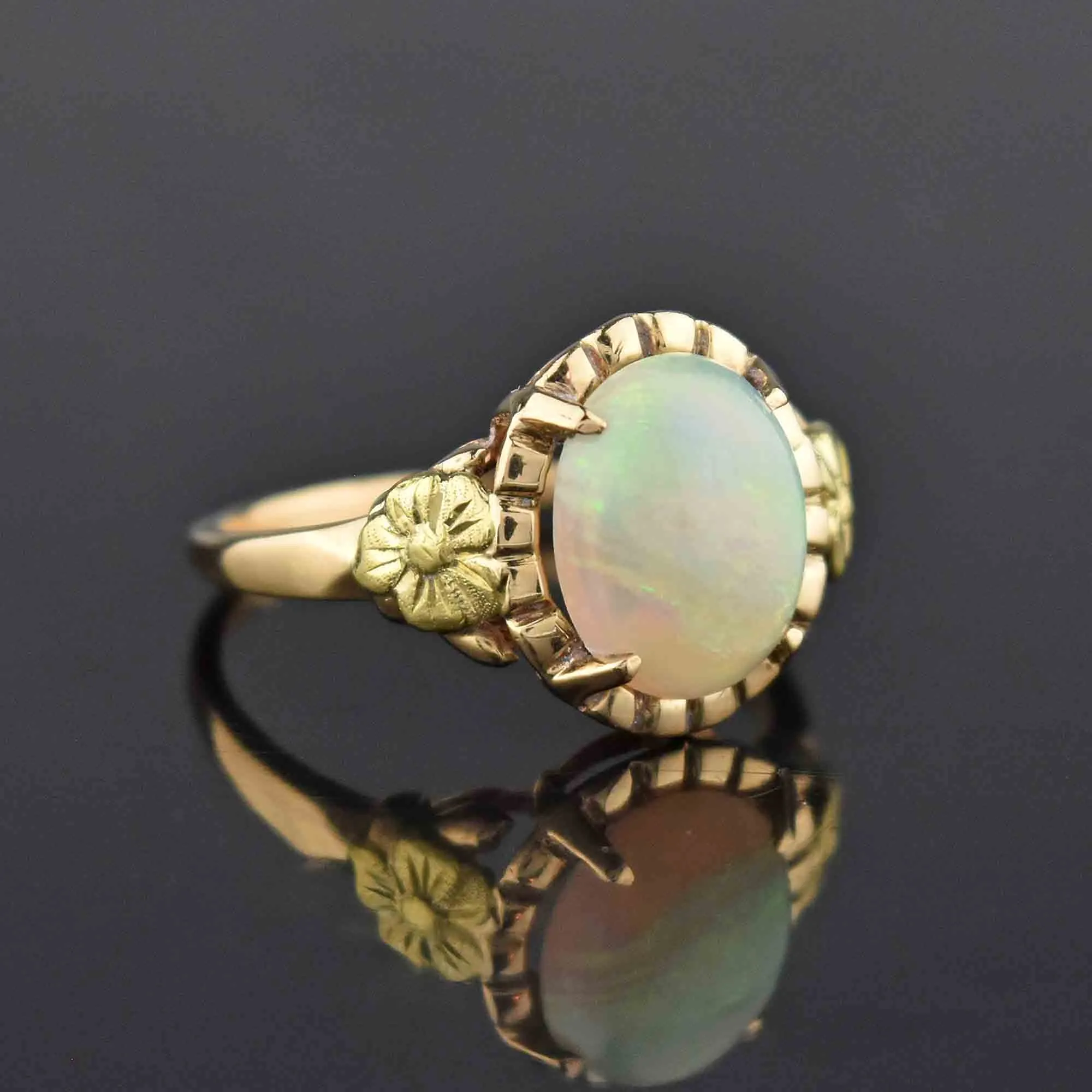 Gold Forget Me Not Flower Opal Cabochon Solitaire Ring