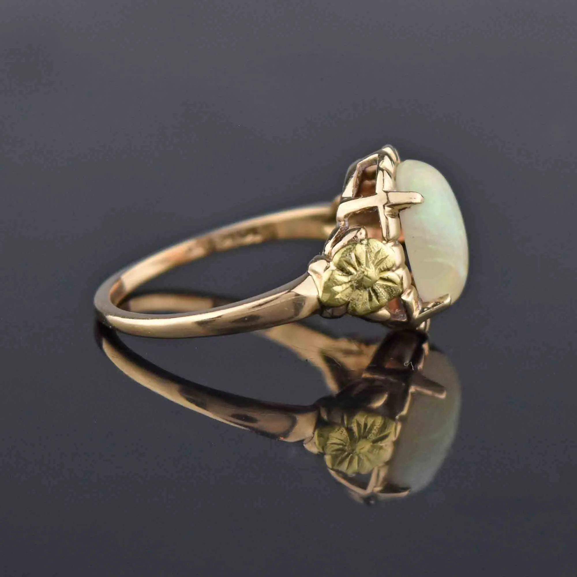 Gold Forget Me Not Flower Opal Cabochon Solitaire Ring