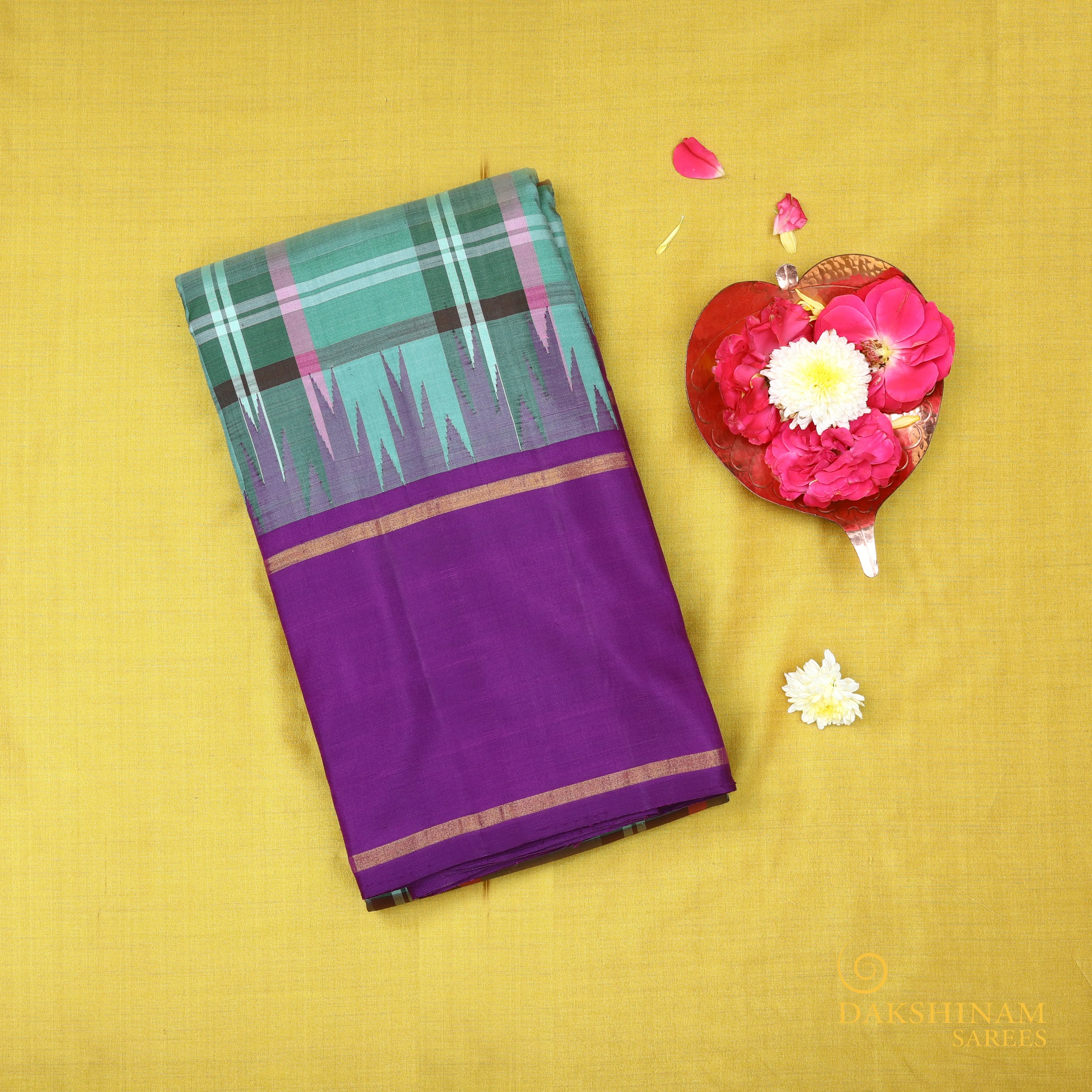 Handwoven Green with Purple Kanjivaram Silk Saree - 691T003090DSC