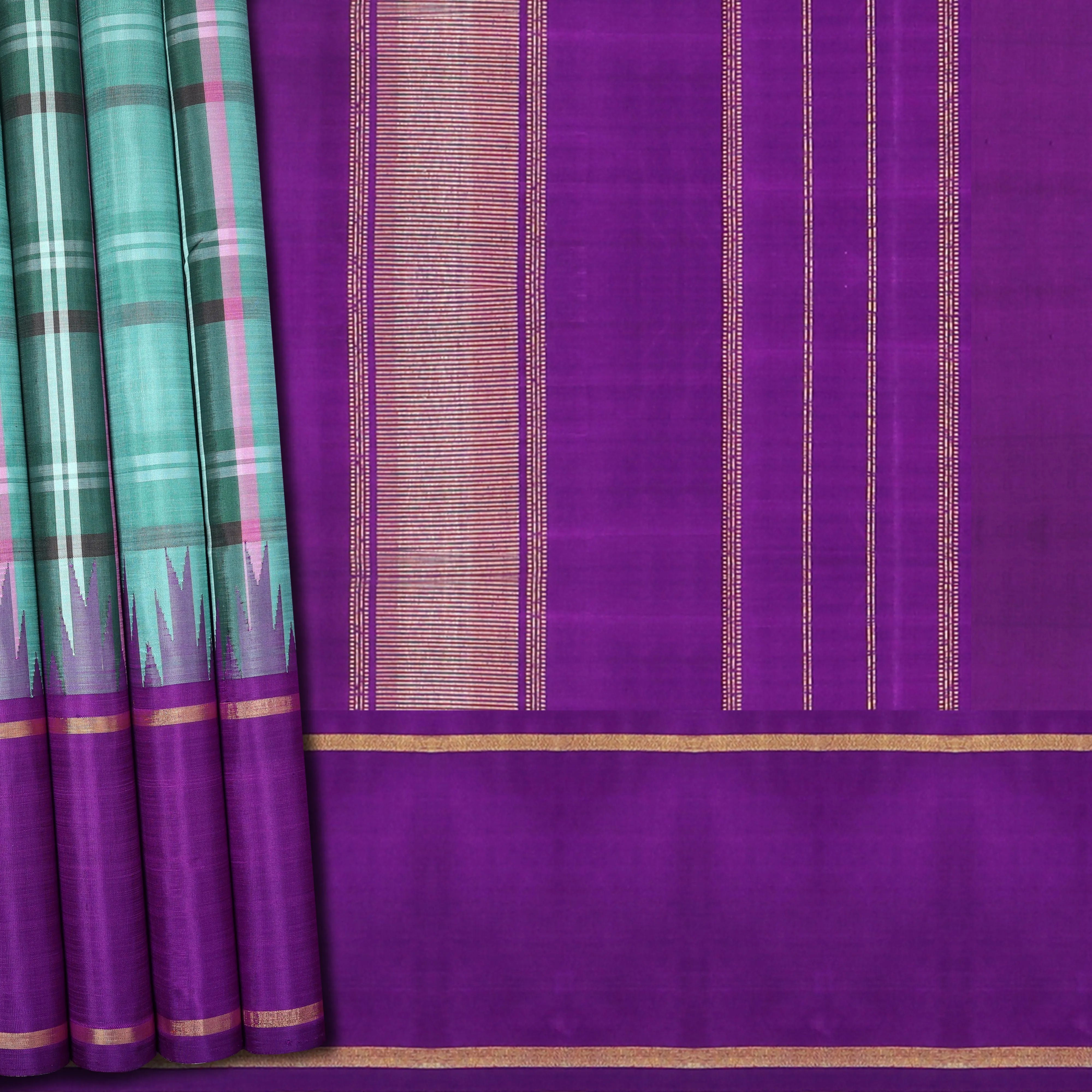 Handwoven Green with Purple Kanjivaram Silk Saree - 691T003090DSC