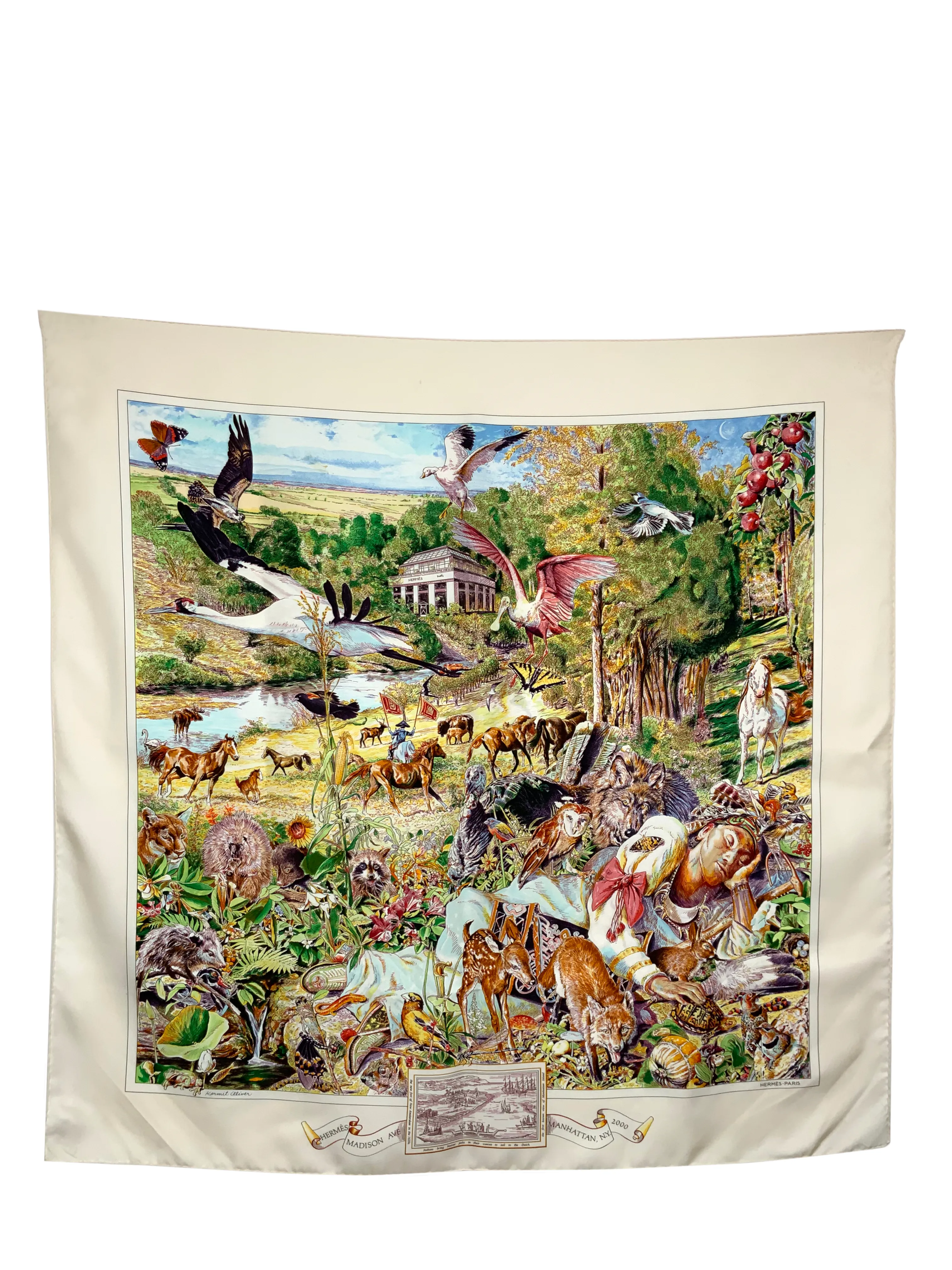 HERMES Madison Avenue Kermit Oliver Silk Scarf 90