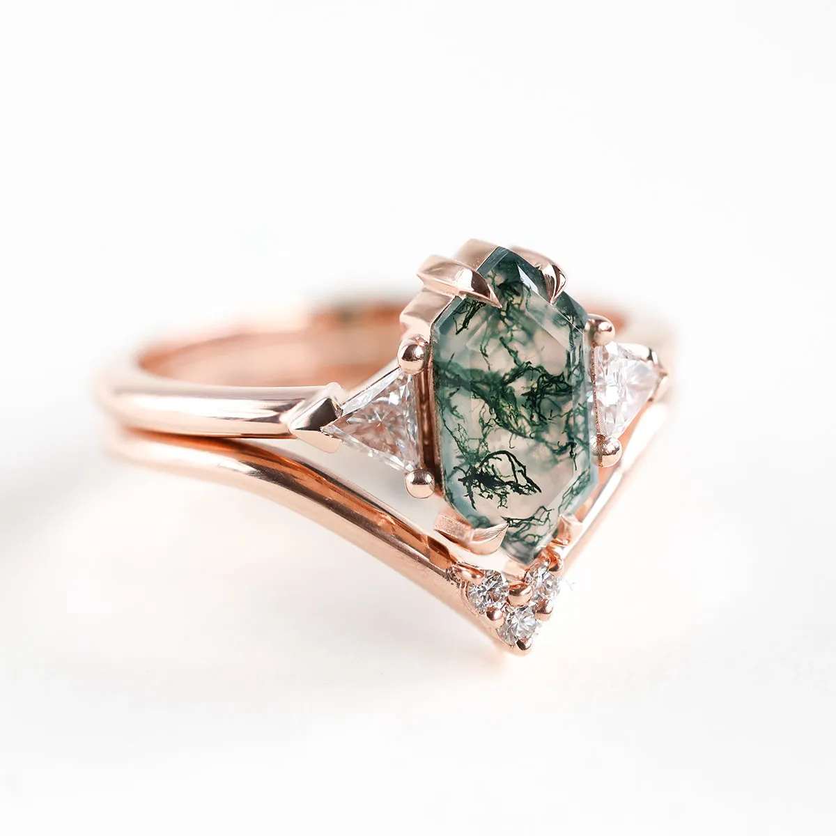 Hexagon moss agate ring set with damonds