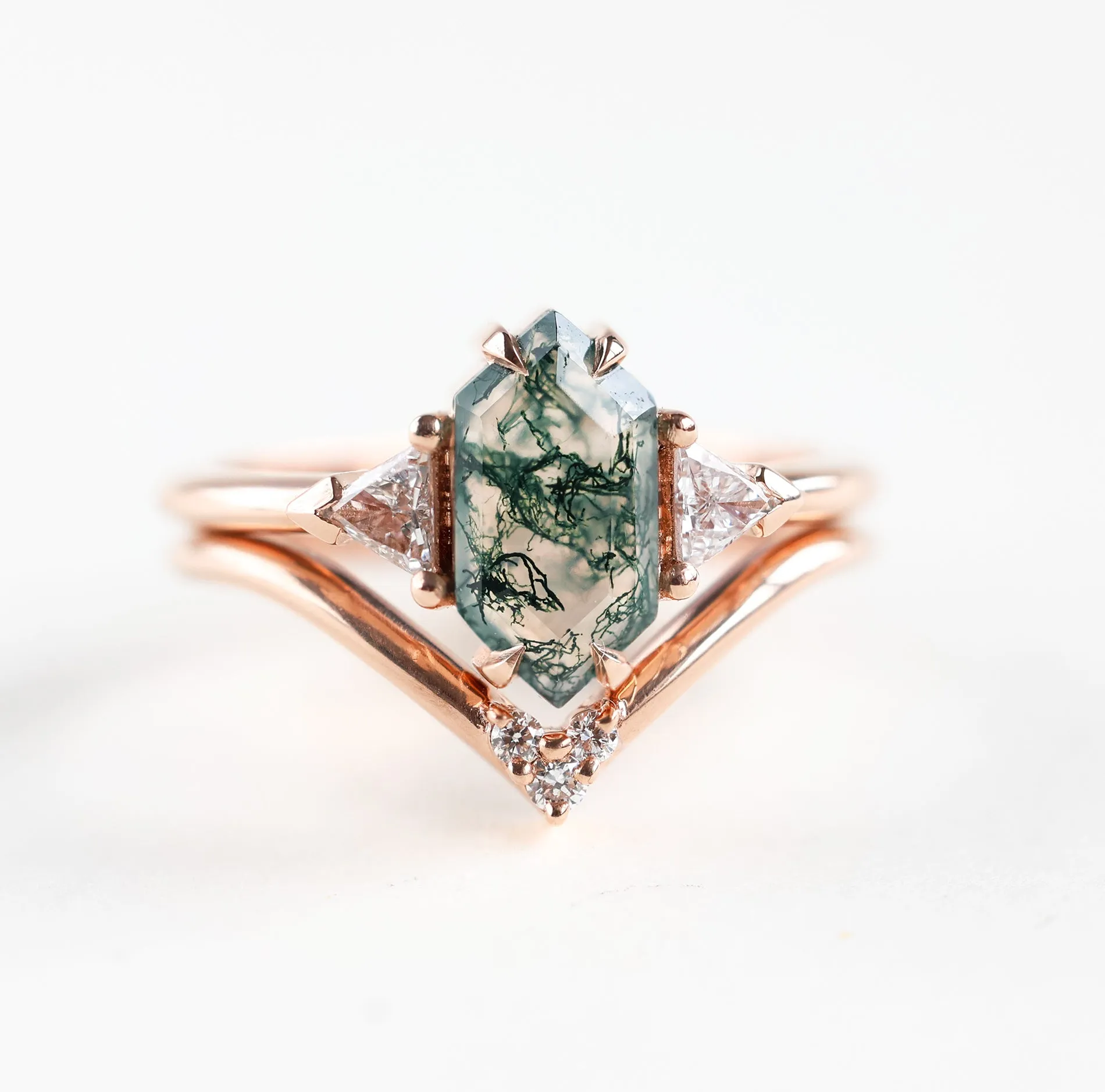 Hexagon moss agate ring set with damonds