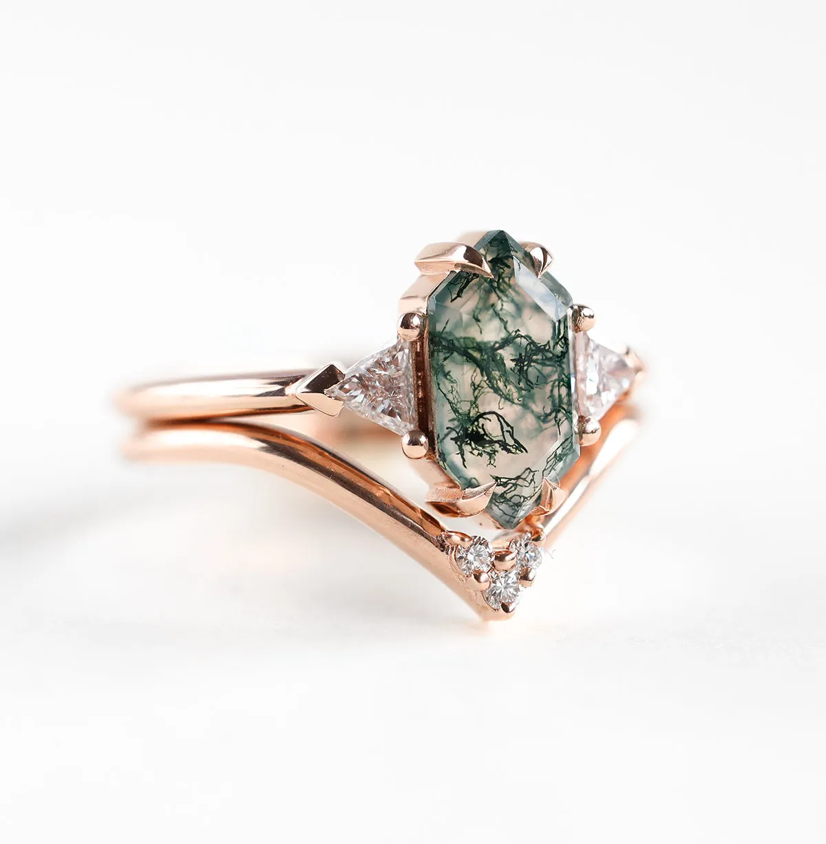 Hexagon moss agate ring set with damonds