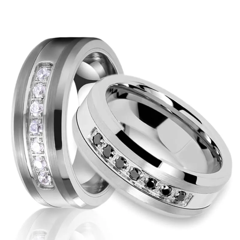 His & Her Black White Cubic Zirconia Stone Inlay Tungsten Carbide Rings Wedding Set