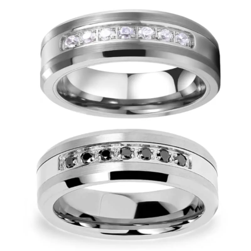 His & Her Black White Cubic Zirconia Stone Inlay Tungsten Carbide Rings Wedding Set