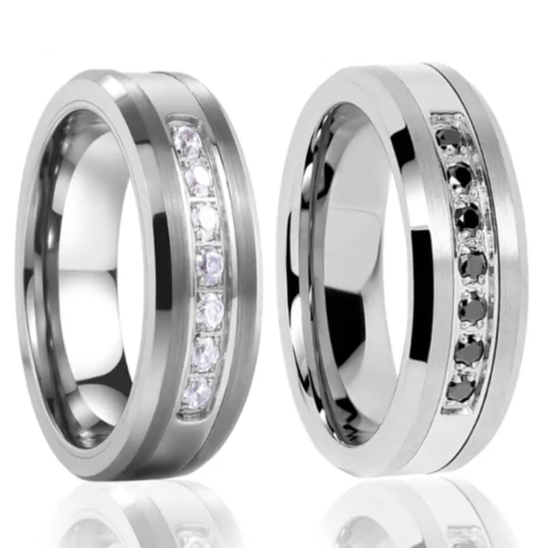 His & Her Black White Cubic Zirconia Stone Inlay Tungsten Carbide Rings Wedding Set