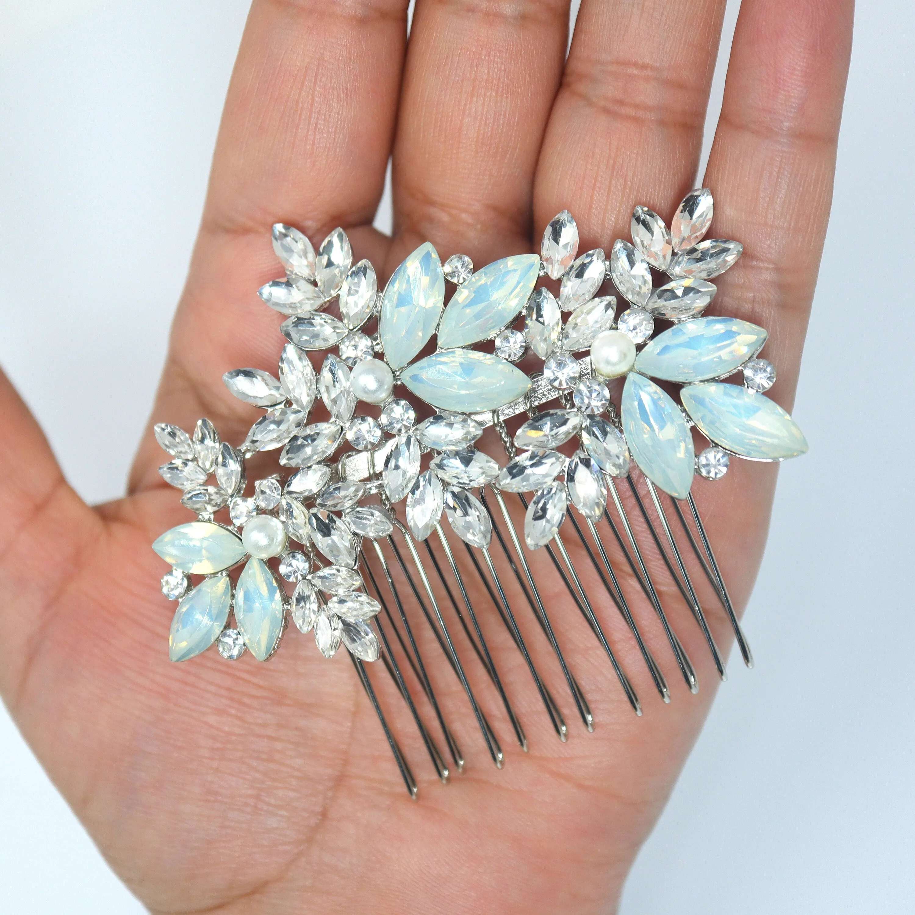 Icy Blue Floral and Opal Leaf Hair Comb, Bridal Haircomb, Statement Haircomb,