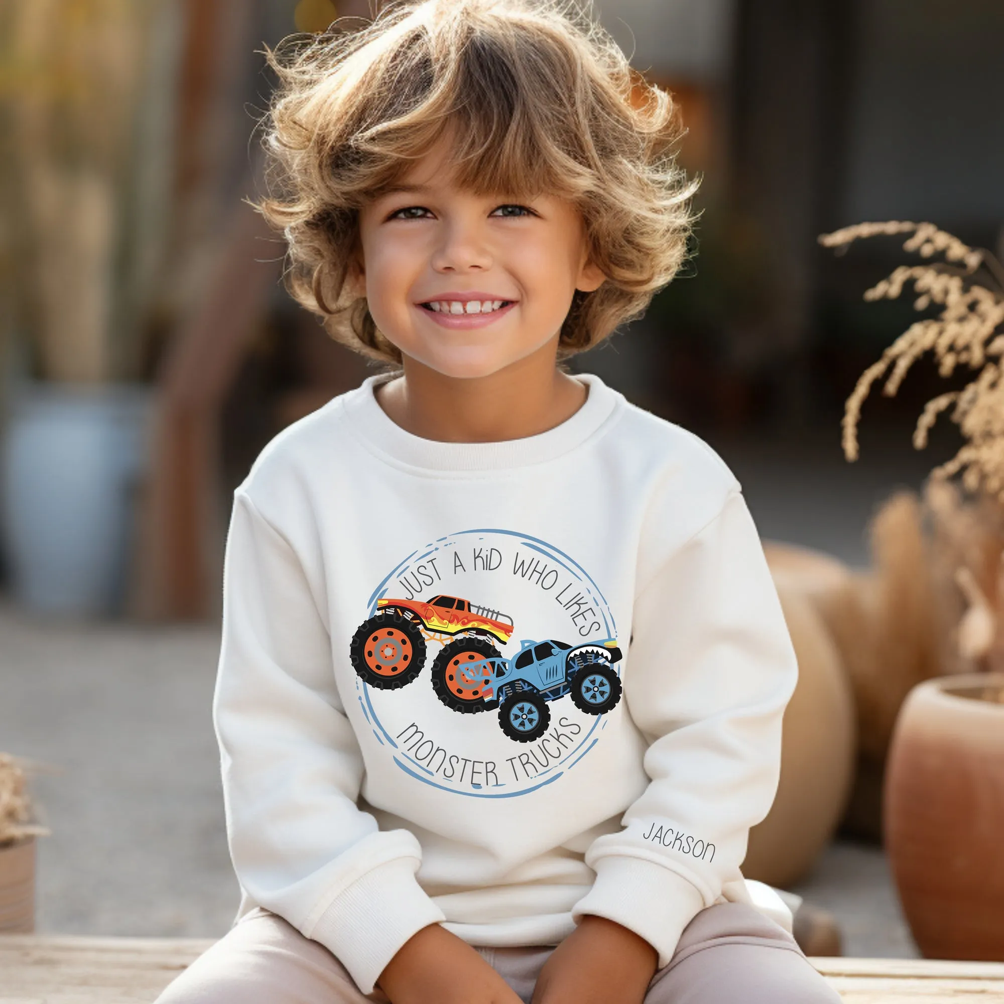 Just a Kid who likes MONSTER TRUCKS - Personalized Apparel