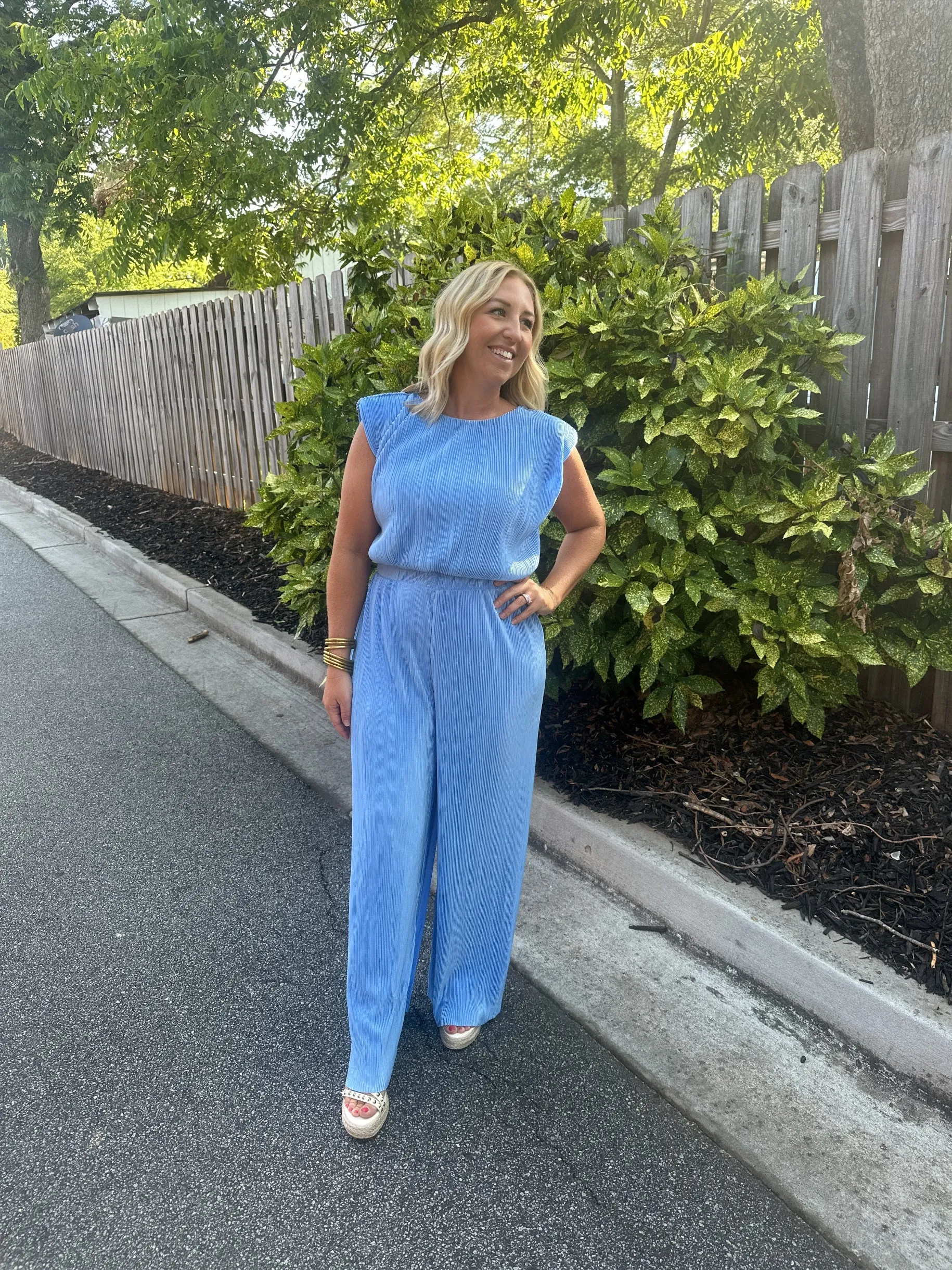 Lexy Sky Blue High Waisted Wide Leg Pants and Sleeveless Boxy Top Set