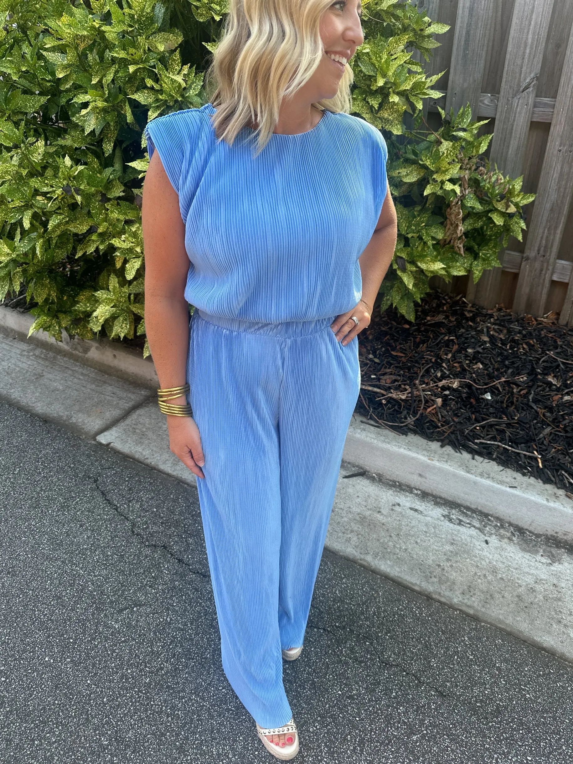 Lexy Sky Blue High Waisted Wide Leg Pants and Sleeveless Boxy Top Set