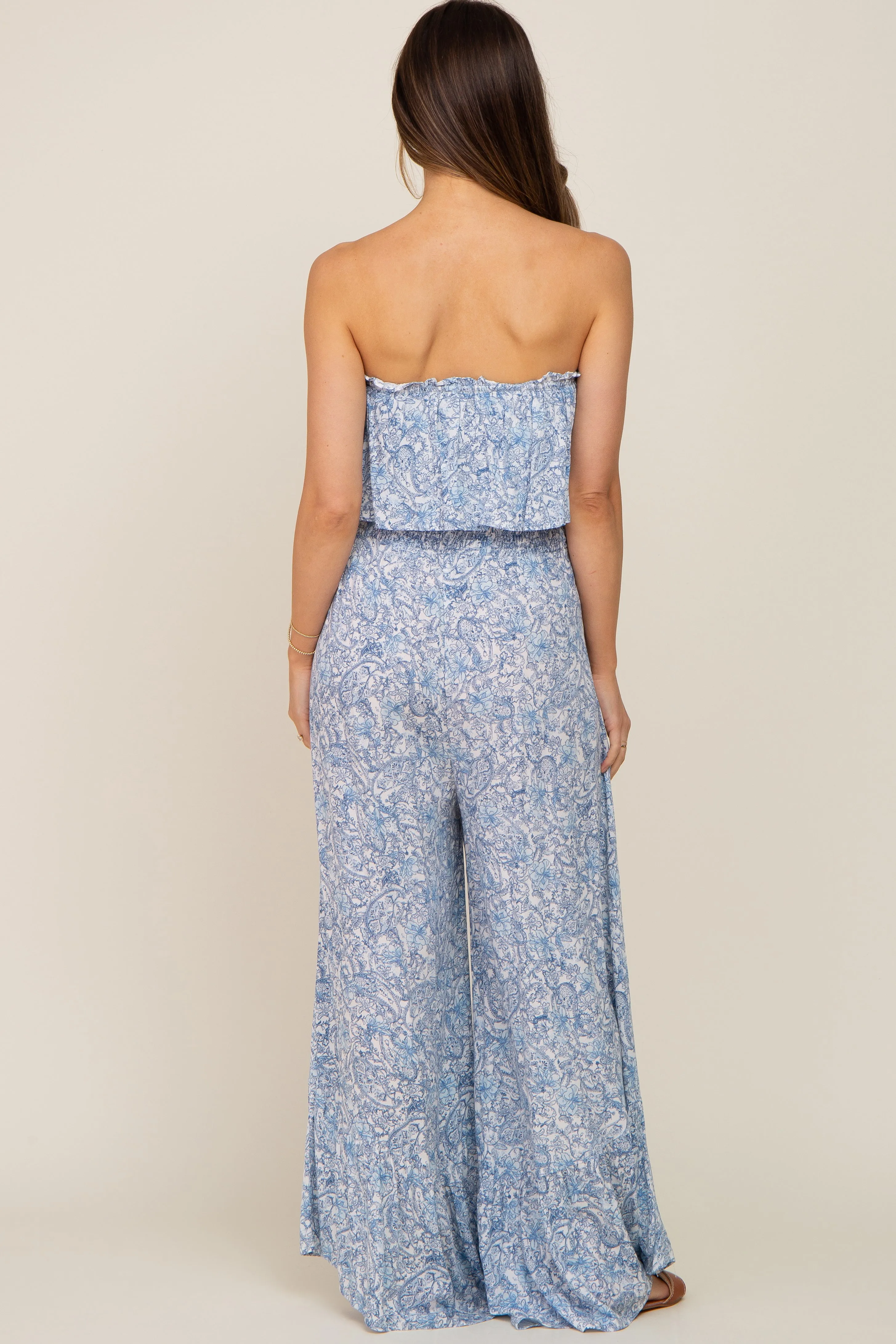 Light Blue Paisley Ruffle Strapless Maternity Jumpsuit