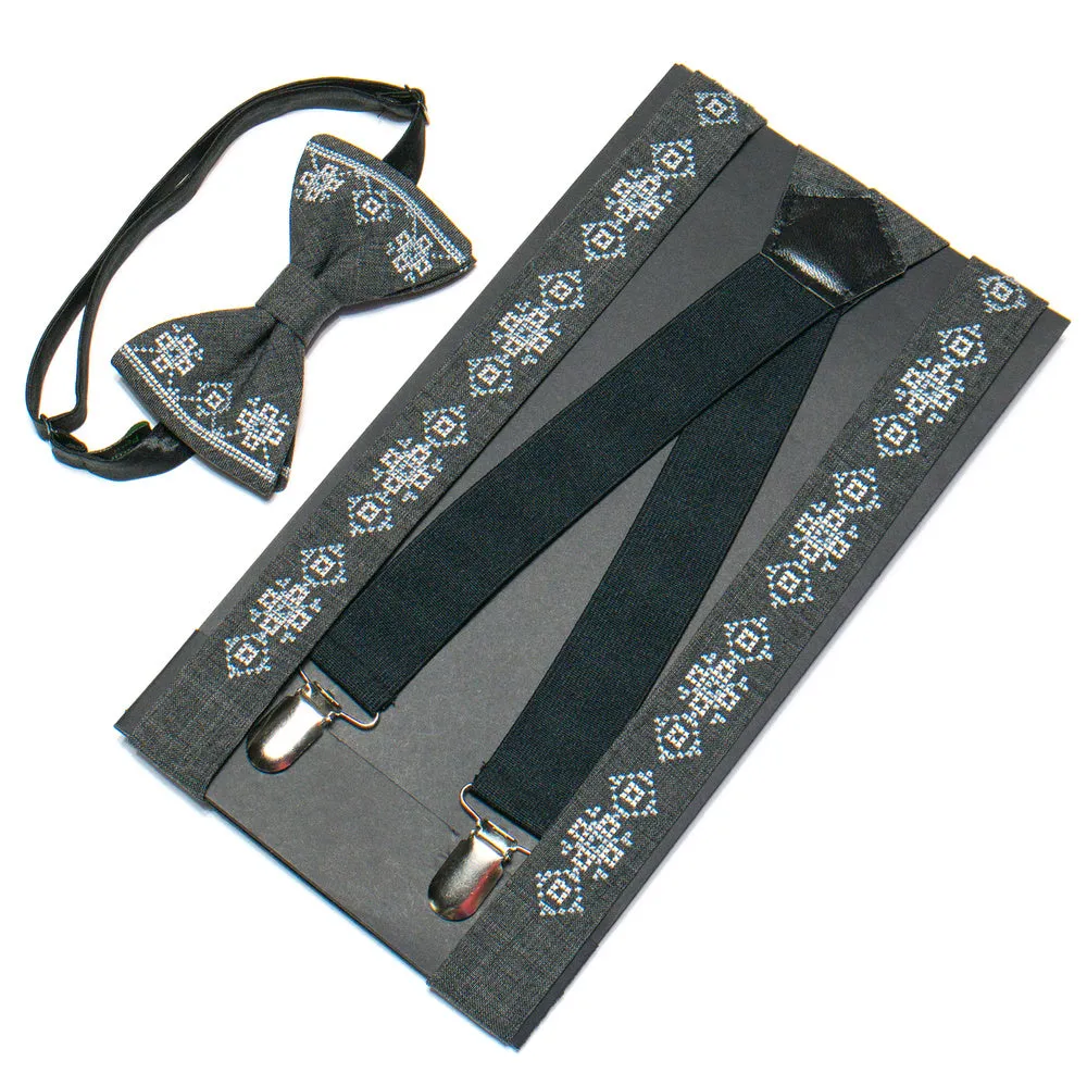 Men's Embroidered Bowtie and Suspenders Set -Grey