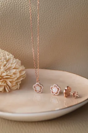 Mother Of Pearl Flower Rose Gold Plated Sterling Silver Pendant Set