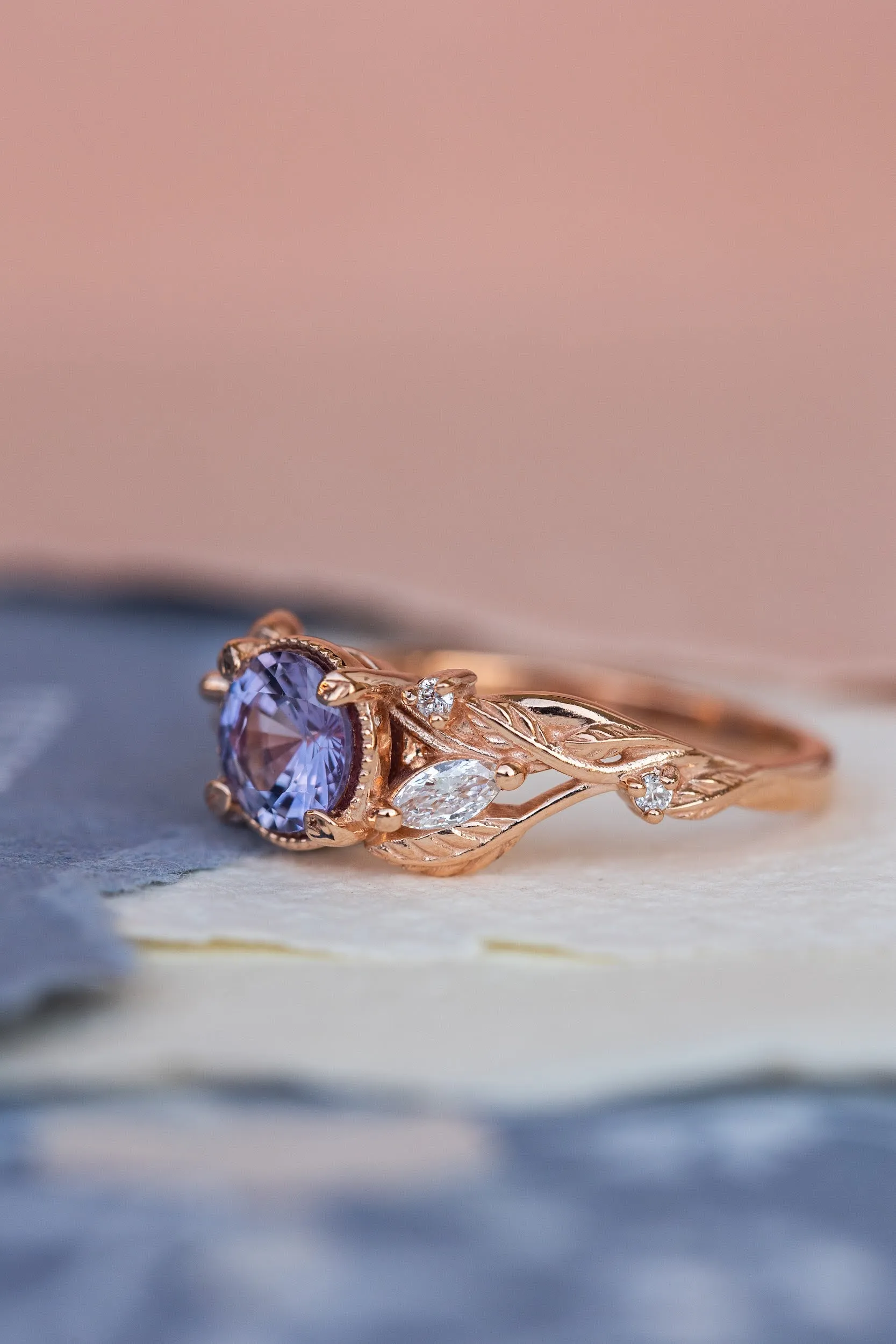 Natural purple sapphire engagement ring, rose gold engagement ring with accent diamonds / Patricia