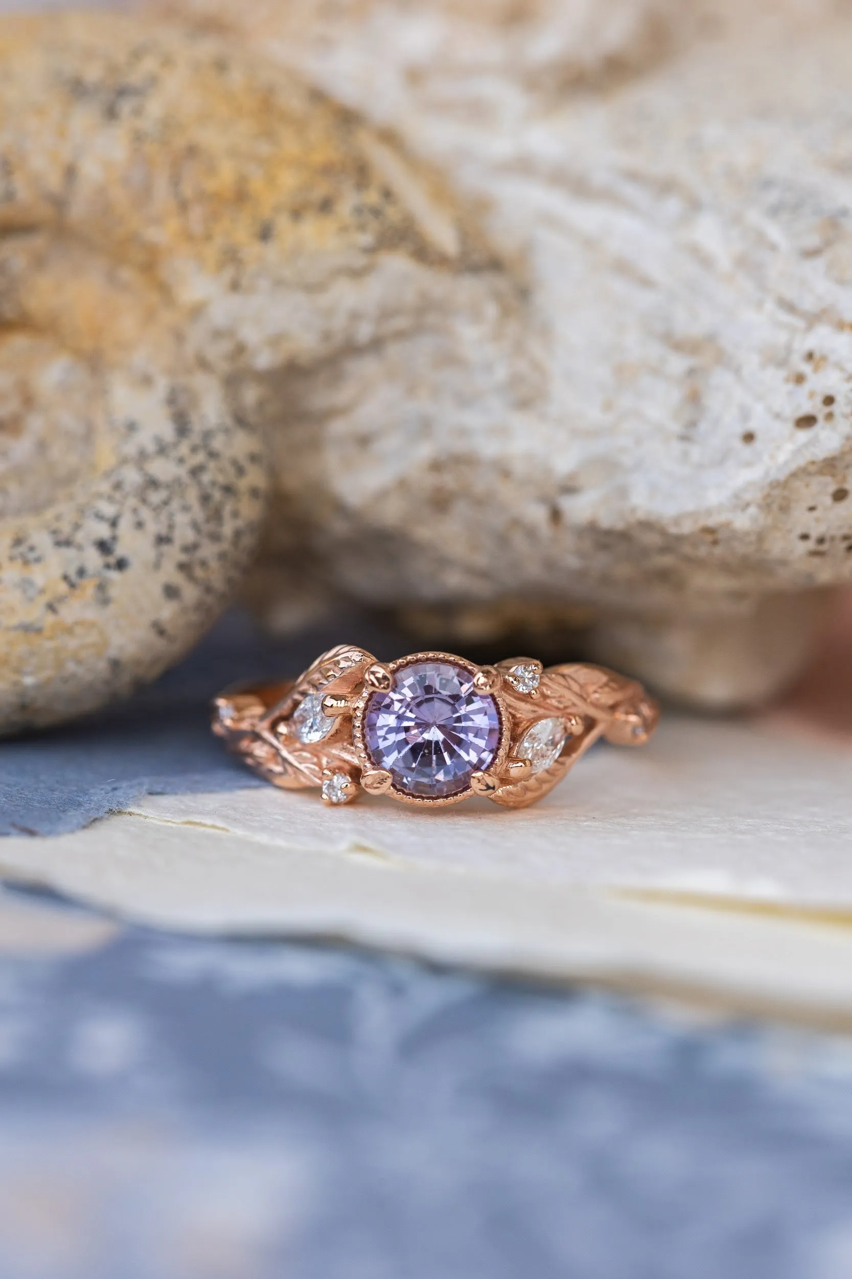 Natural purple sapphire engagement ring, rose gold engagement ring with accent diamonds / Patricia