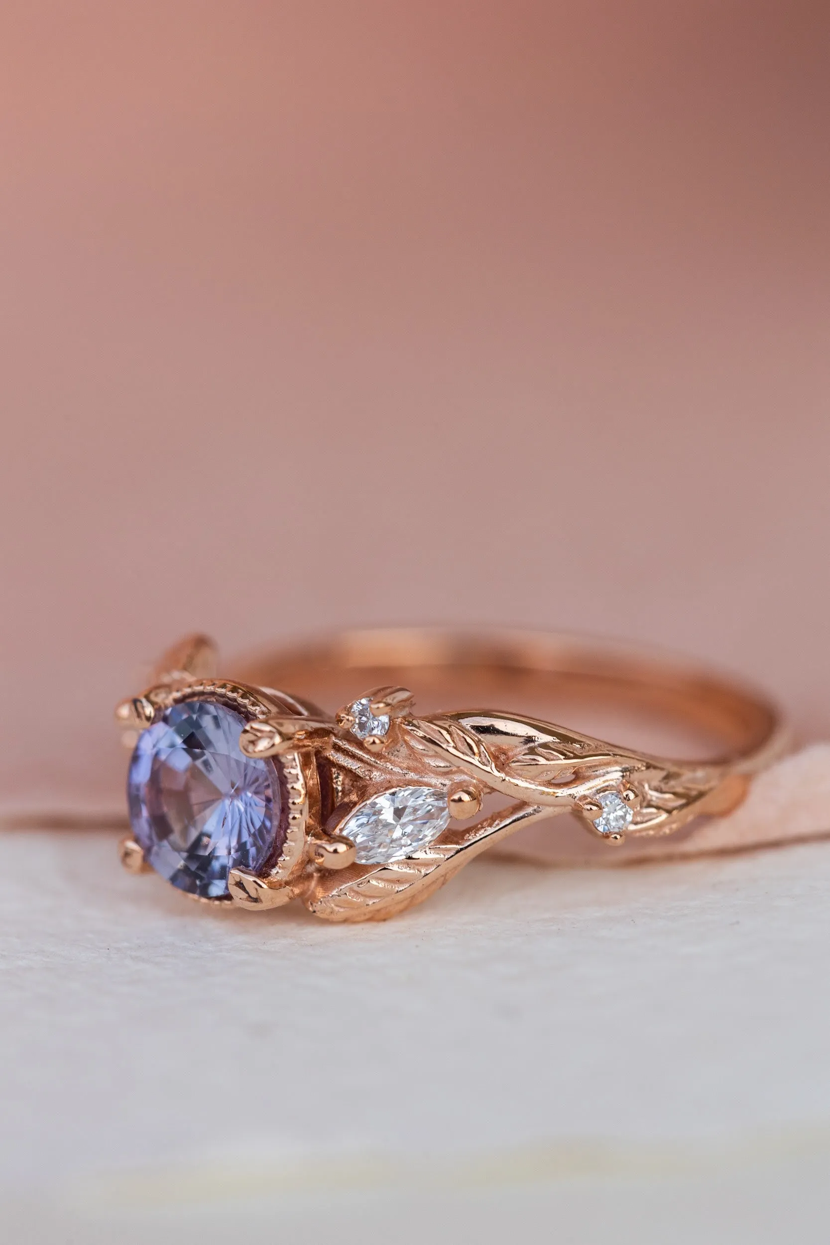 Natural purple sapphire engagement ring, rose gold engagement ring with accent diamonds / Patricia