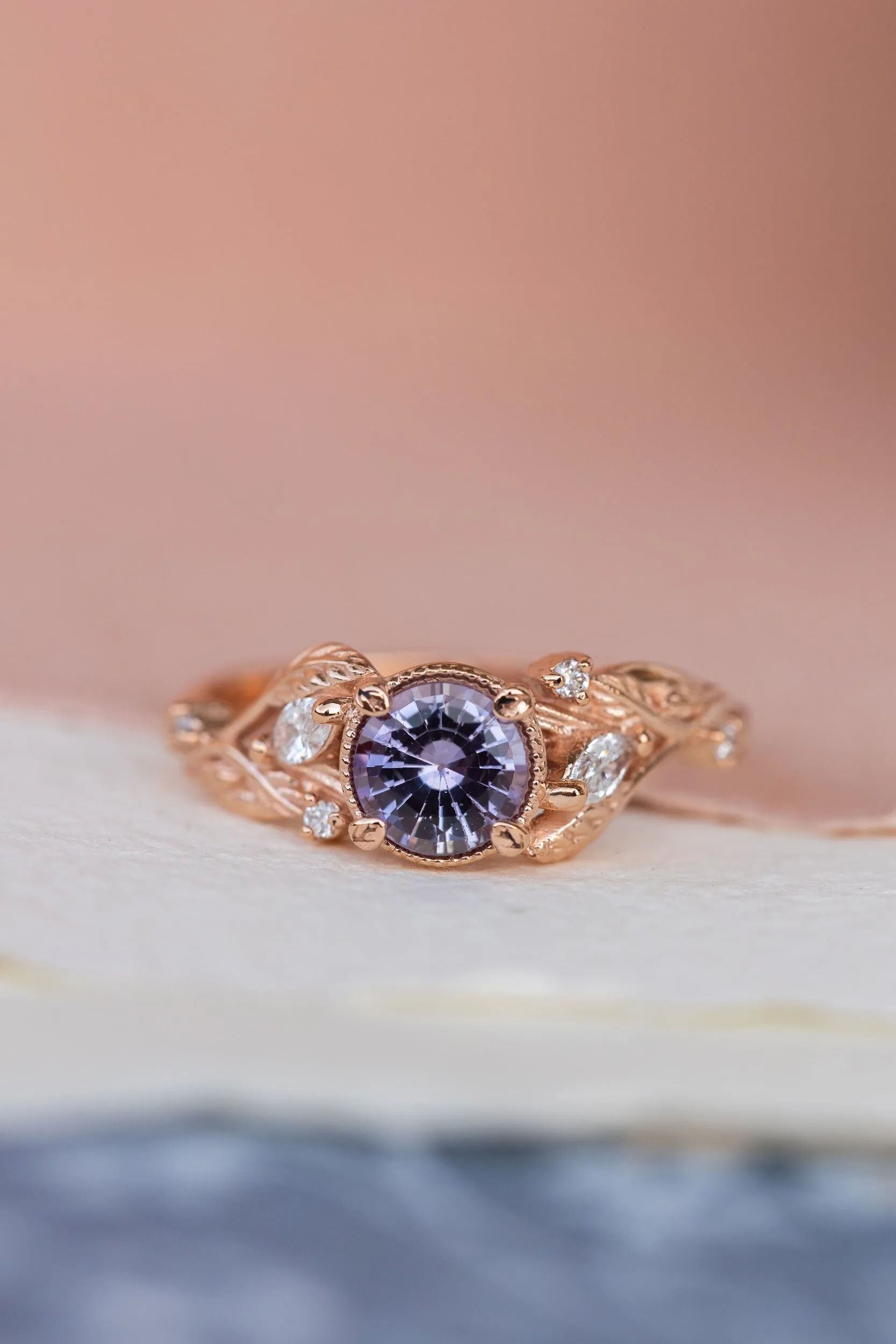 Natural purple sapphire engagement ring, rose gold engagement ring with accent diamonds / Patricia