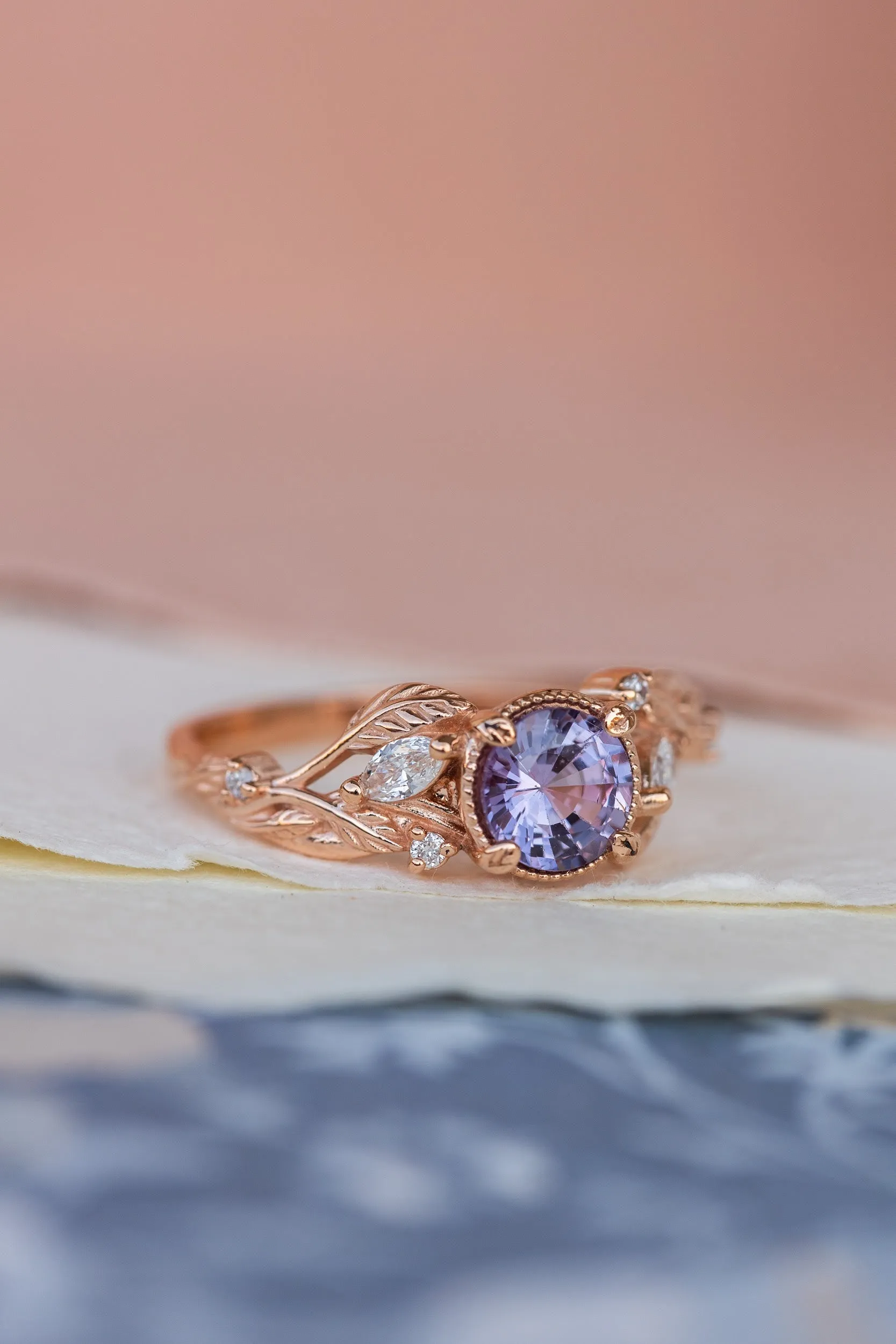 Natural purple sapphire engagement ring, rose gold engagement ring with accent diamonds / Patricia