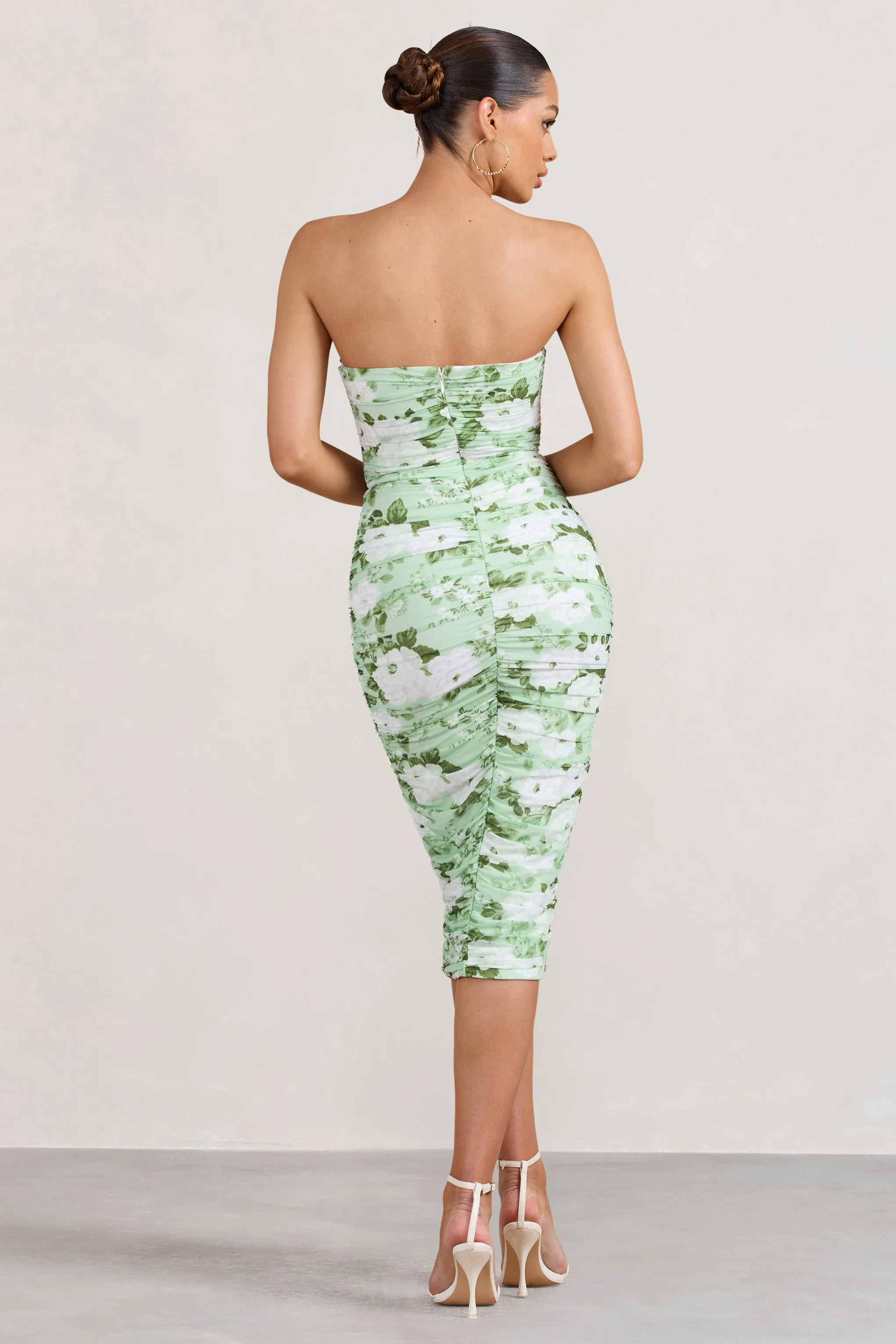 Negroni | White & Green Floral Print Bandeau Corset Ruched Mesh Midi Dress