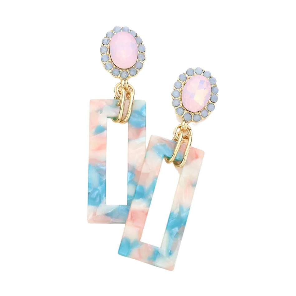 Oval Stone Celluloid Acetate Open Rectangle Link Dangle Earrings