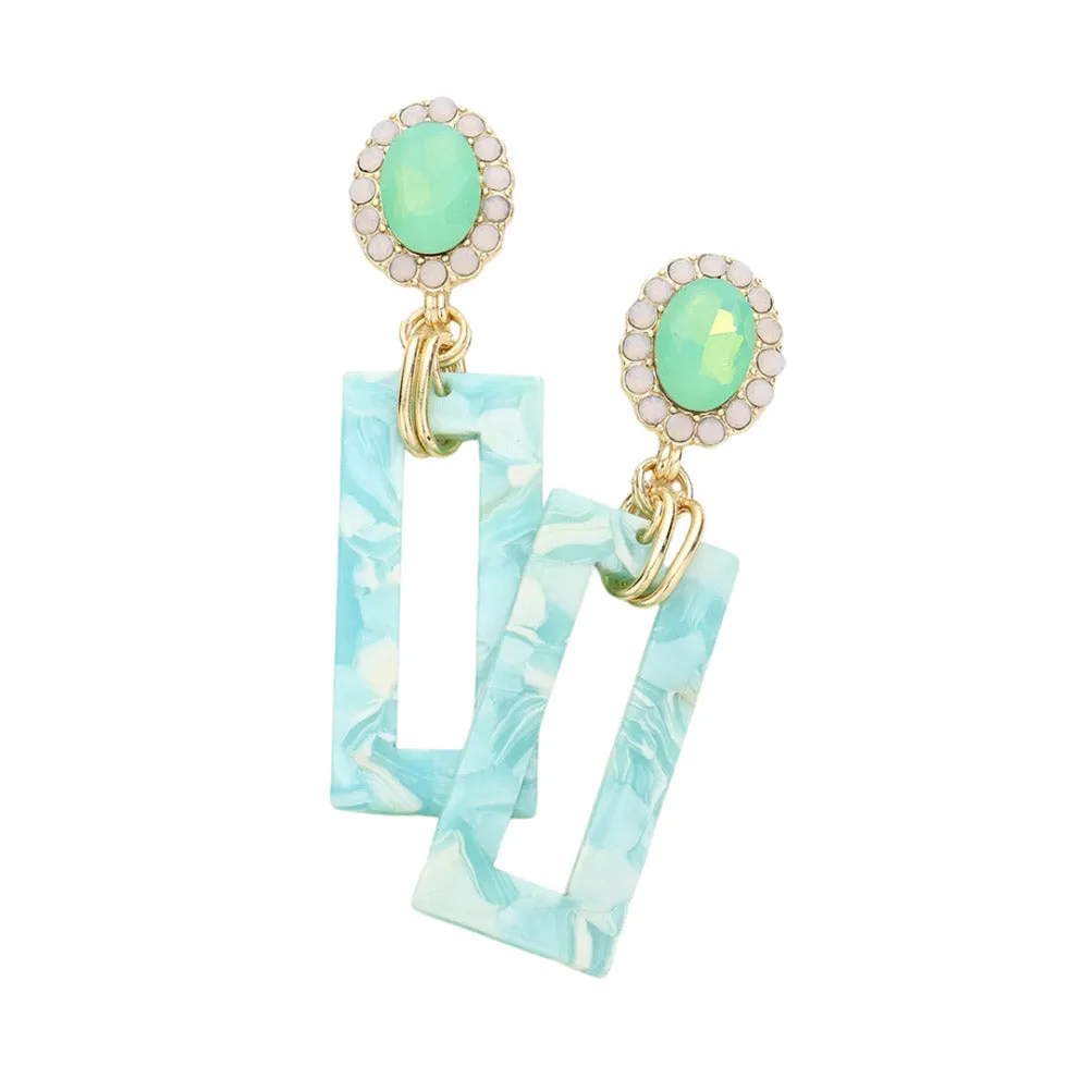 Oval Stone Celluloid Acetate Open Rectangle Link Dangle Earrings