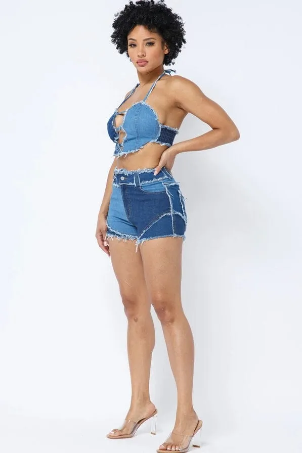 Patchwork Women's Denim Shorts Set