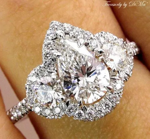 PEAR SHAPED DIAMOND THREE STONE WITH HALO ENGAGEMENT WEDDING RING