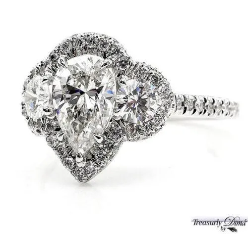 PEAR SHAPED DIAMOND THREE STONE WITH HALO ENGAGEMENT WEDDING RING