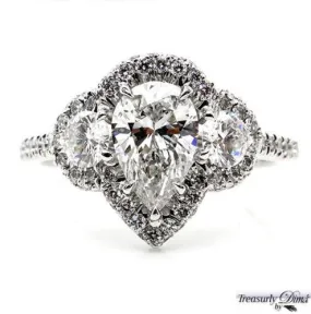 PEAR SHAPED DIAMOND THREE STONE WITH HALO ENGAGEMENT WEDDING RING