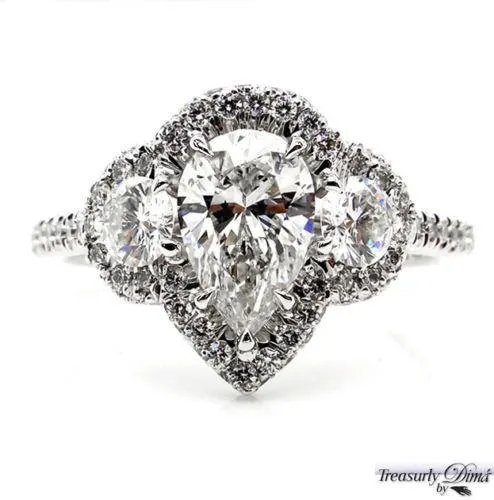 PEAR SHAPED DIAMOND THREE STONE WITH HALO ENGAGEMENT WEDDING RING