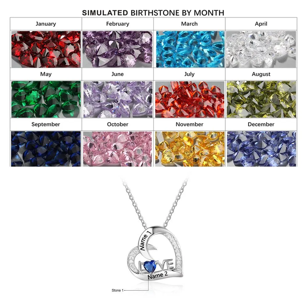 Personalized 1 Birthstone Mother's Necklace Heart Love 2 Engraved Names