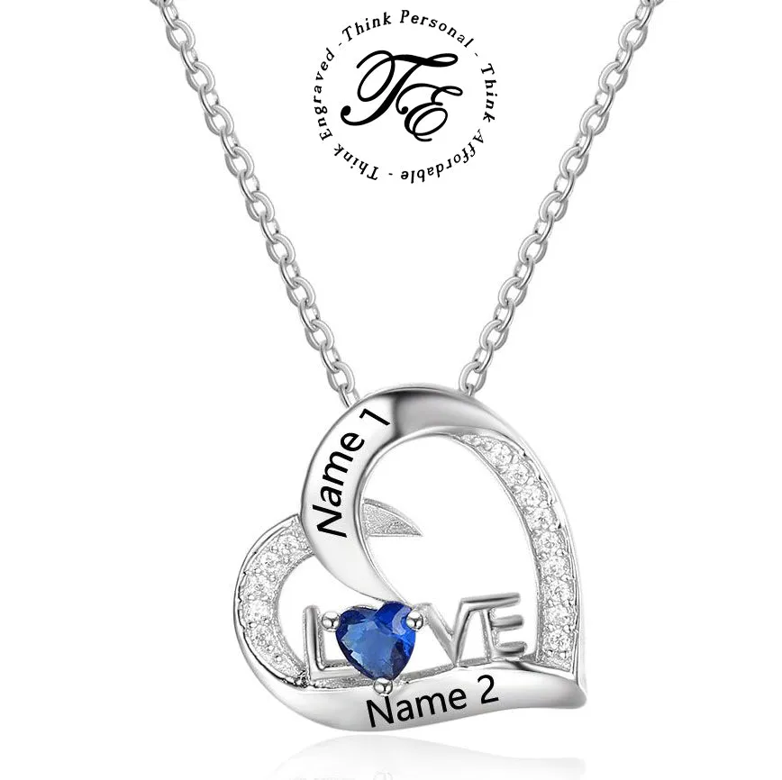 Personalized 1 Birthstone Mother's Necklace Heart Love 2 Engraved Names