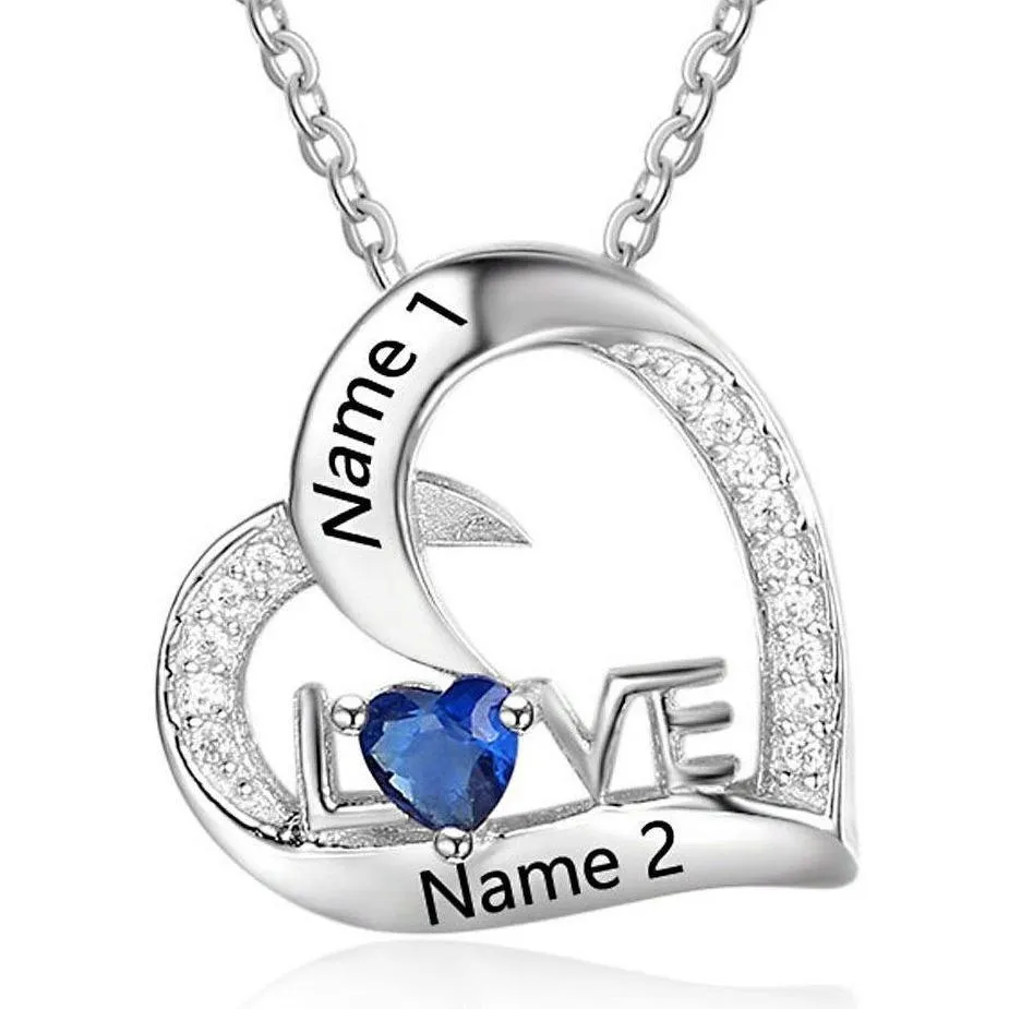 Personalized 1 Birthstone Mother's Necklace Heart Love 2 Engraved Names