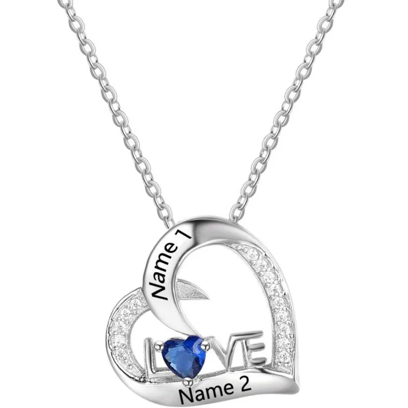 Personalized 1 Birthstone Mother's Necklace Heart Love 2 Engraved Names