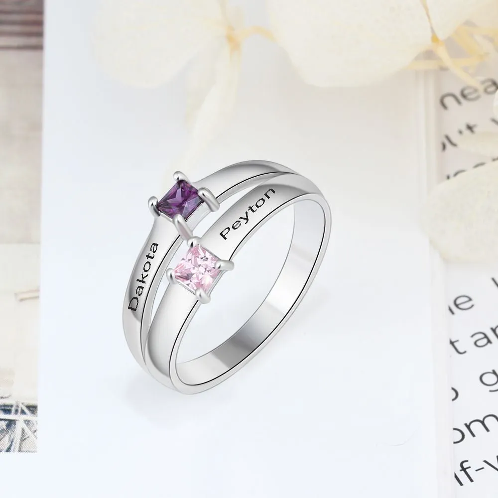 Personalized 2 Pillow Cut Birthstone Mother's Ring With 2 Engraved Names