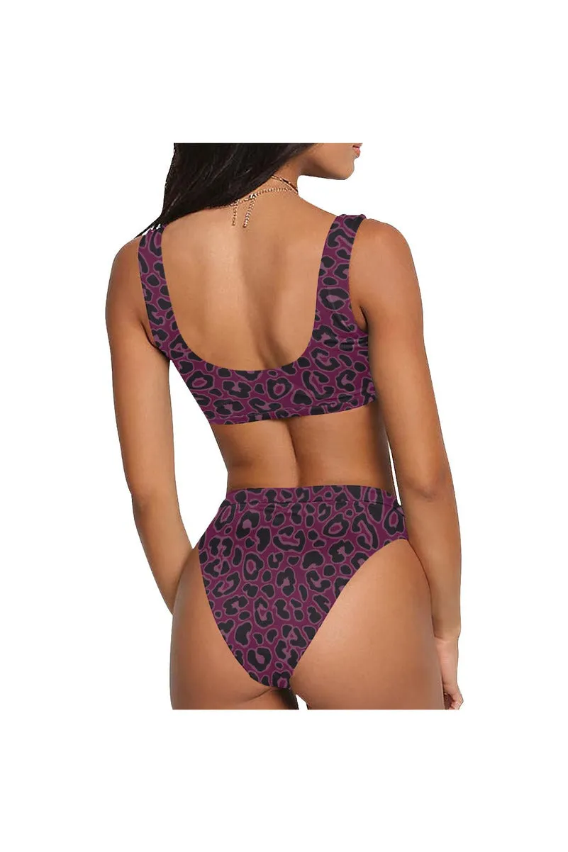 Plum-Colored Leopard Print Sport Top & High-Waist Bikini Swimsuit