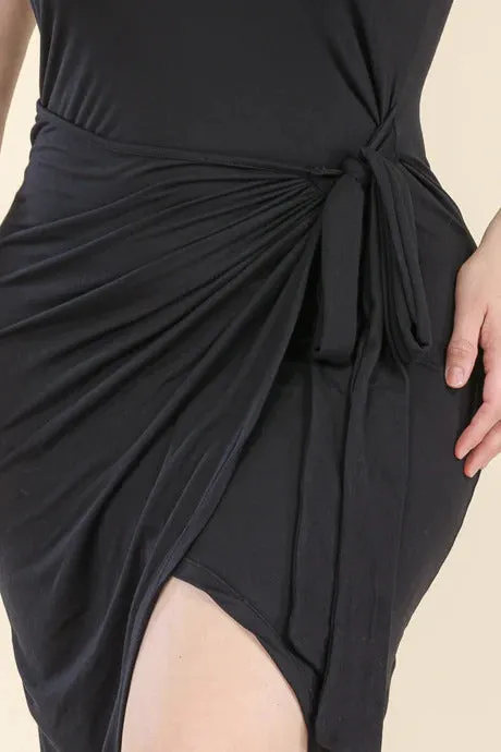 Plus Size Solid Wrap Front Tie Side Midi Dress