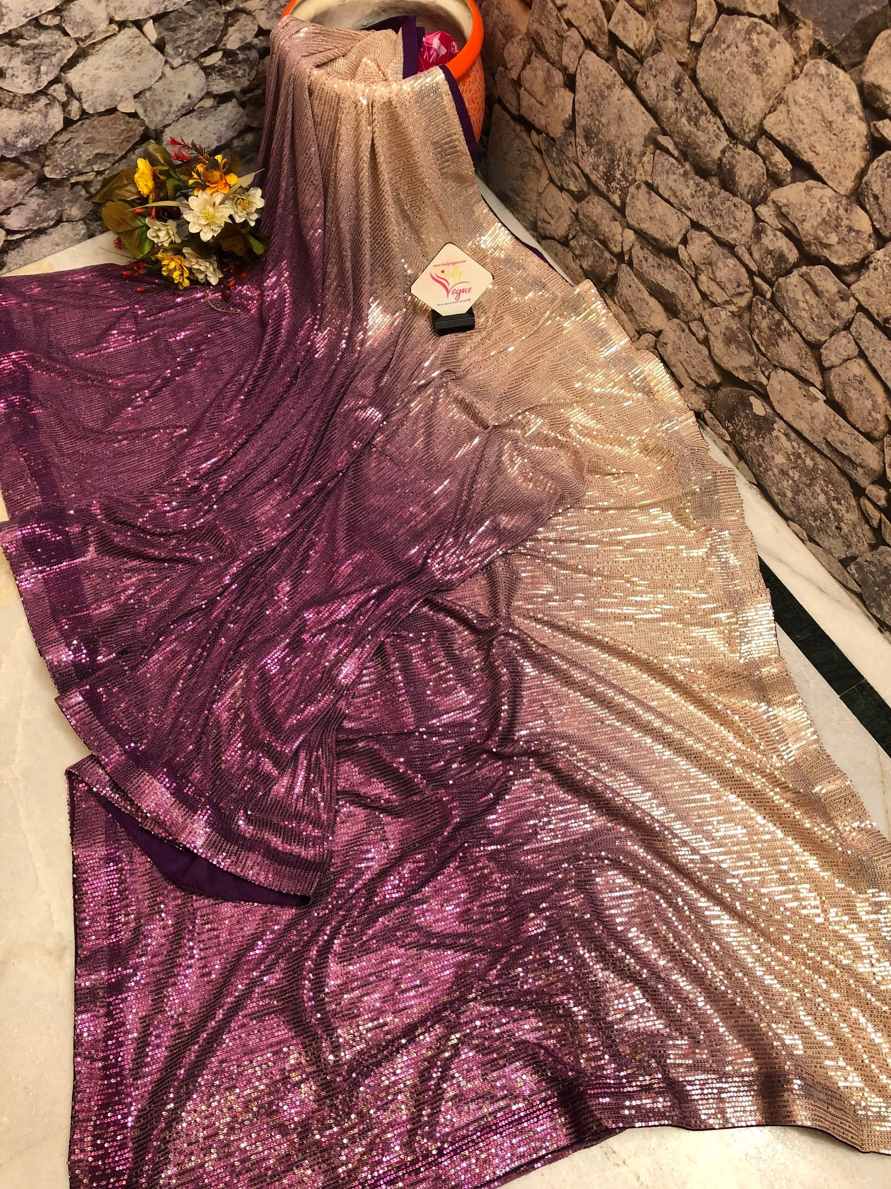 Purple and Butter Color Two Shade Designer Net Saree with Sequin Work