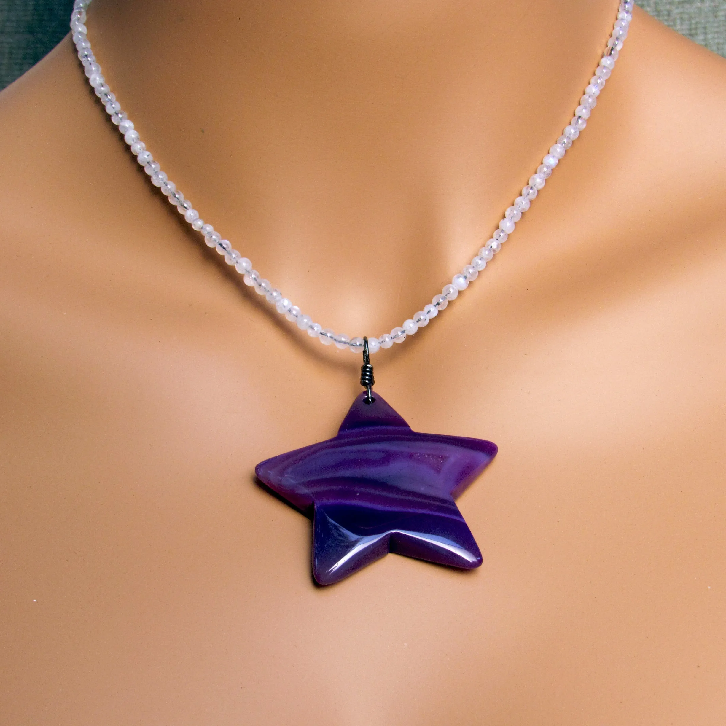 Purple Onyx Agate Star on Moonstone Beaded Necklace with Oxidized Sterling Silver