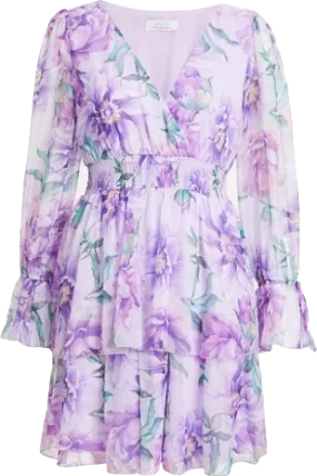 QUIZ  Lilac Chiffon Floral Tiered Long Sleeve Mini Dress UK 12