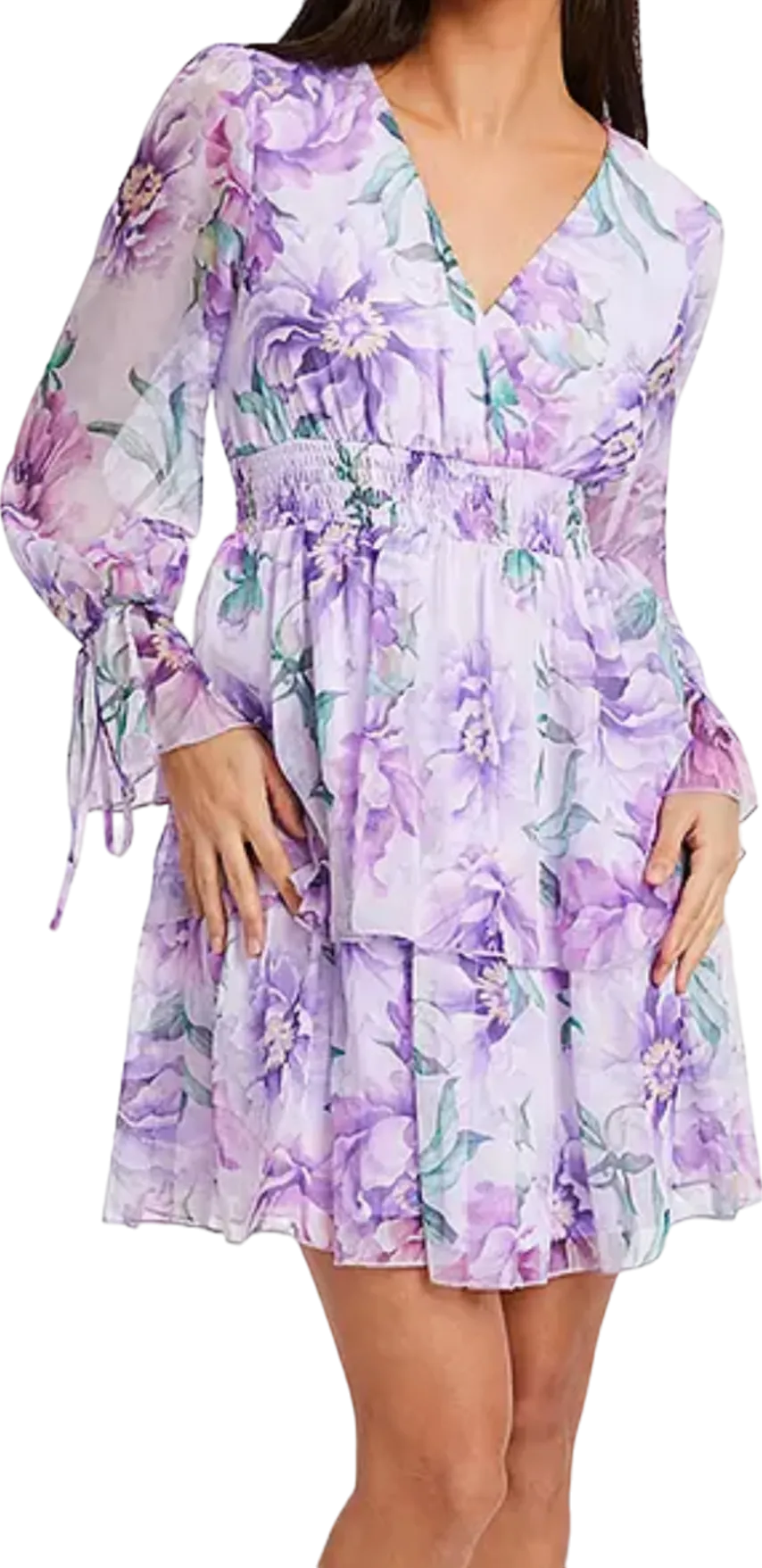 QUIZ  Lilac Chiffon Floral Tiered Long Sleeve Mini Dress UK 12