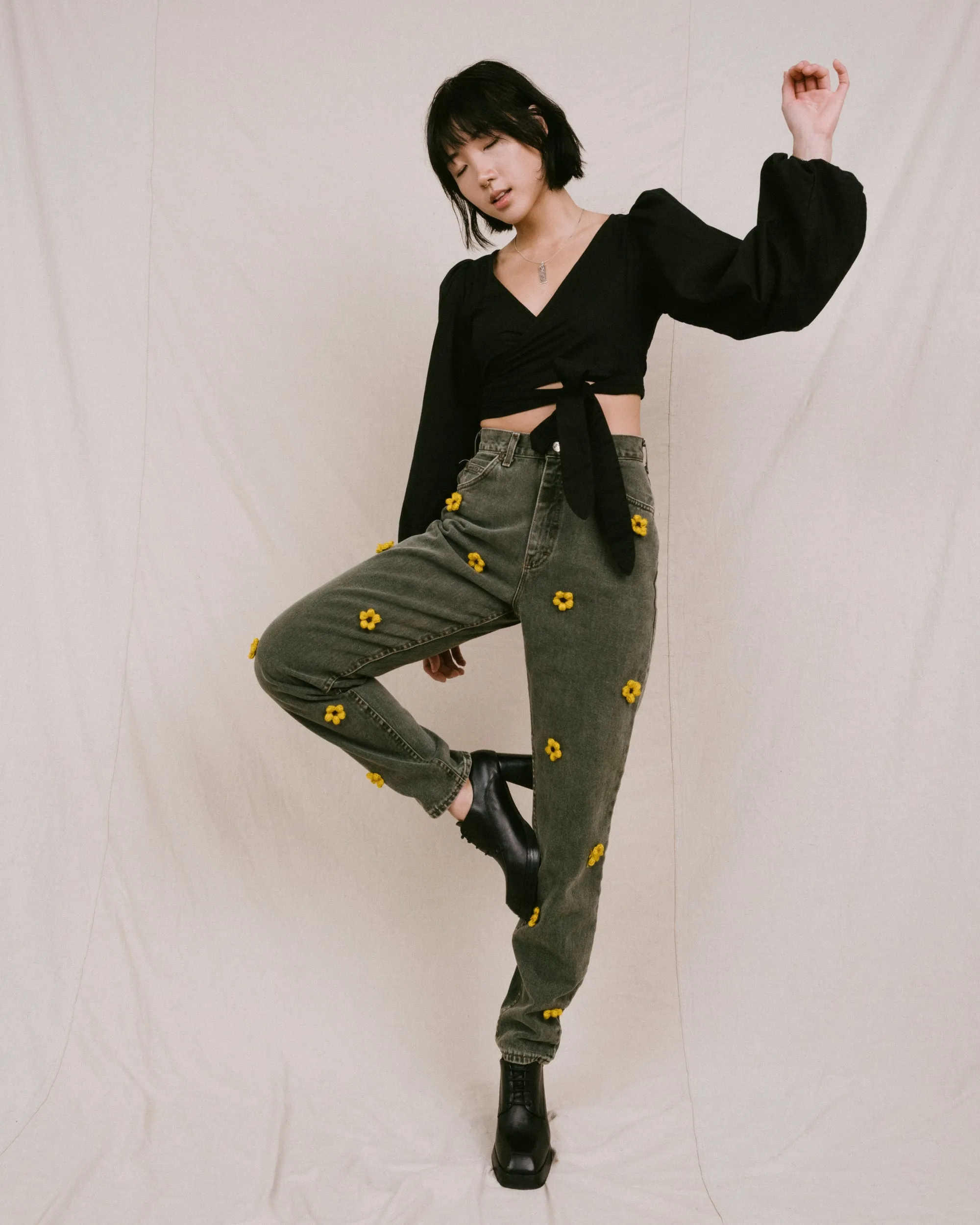 Remade Vintage Flower Denim Pants (S)