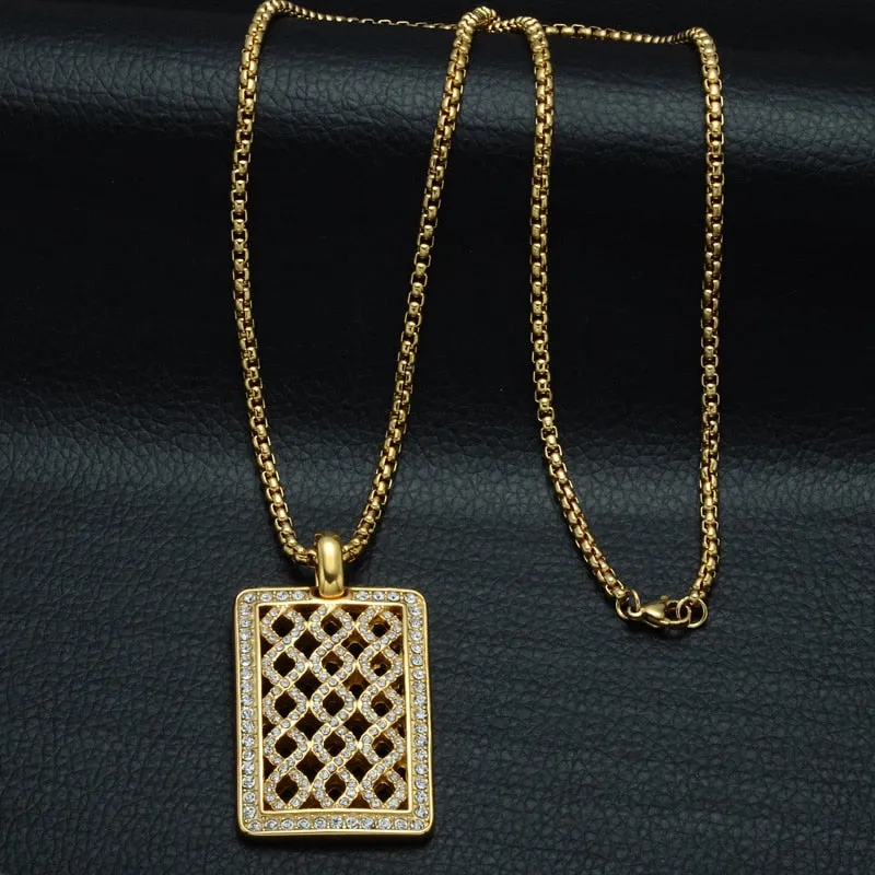 Rhinestone-Studded Gold-Plated Mesh Dog Tag Bling Stainless Steel Hip-hop Pendant Necklace